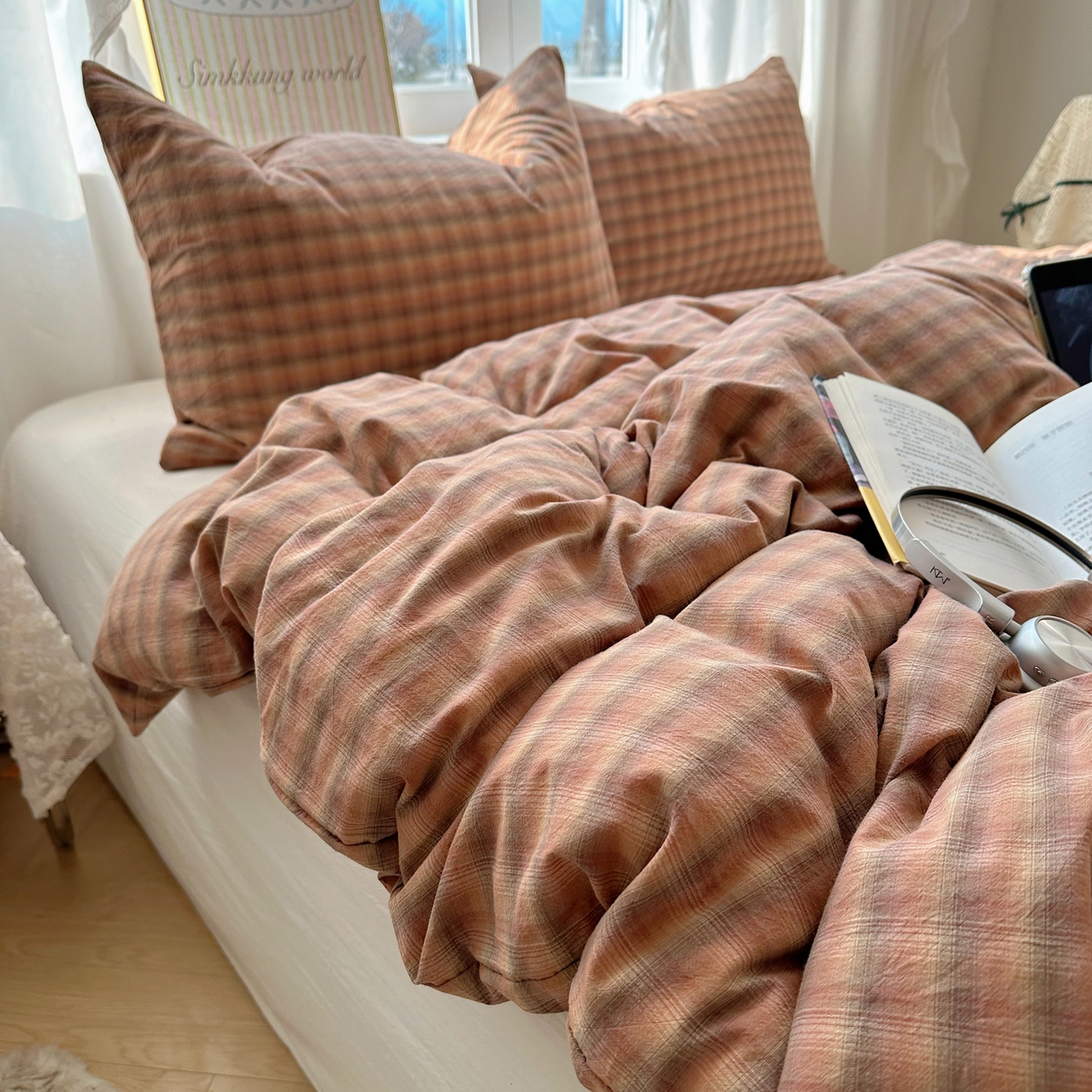 六巷胡同 2026新款A类全棉纯棉水洗棉色织格子单品被套 被套单件 巷往-橘格