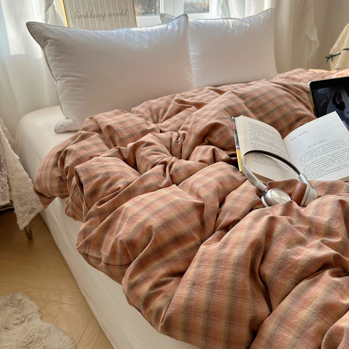 91家纺网 家纺一手货源 找家纺 六巷胡同 2026新款A类全棉纯棉水洗棉色织格子单品被套 被套单件 巷往-橘格