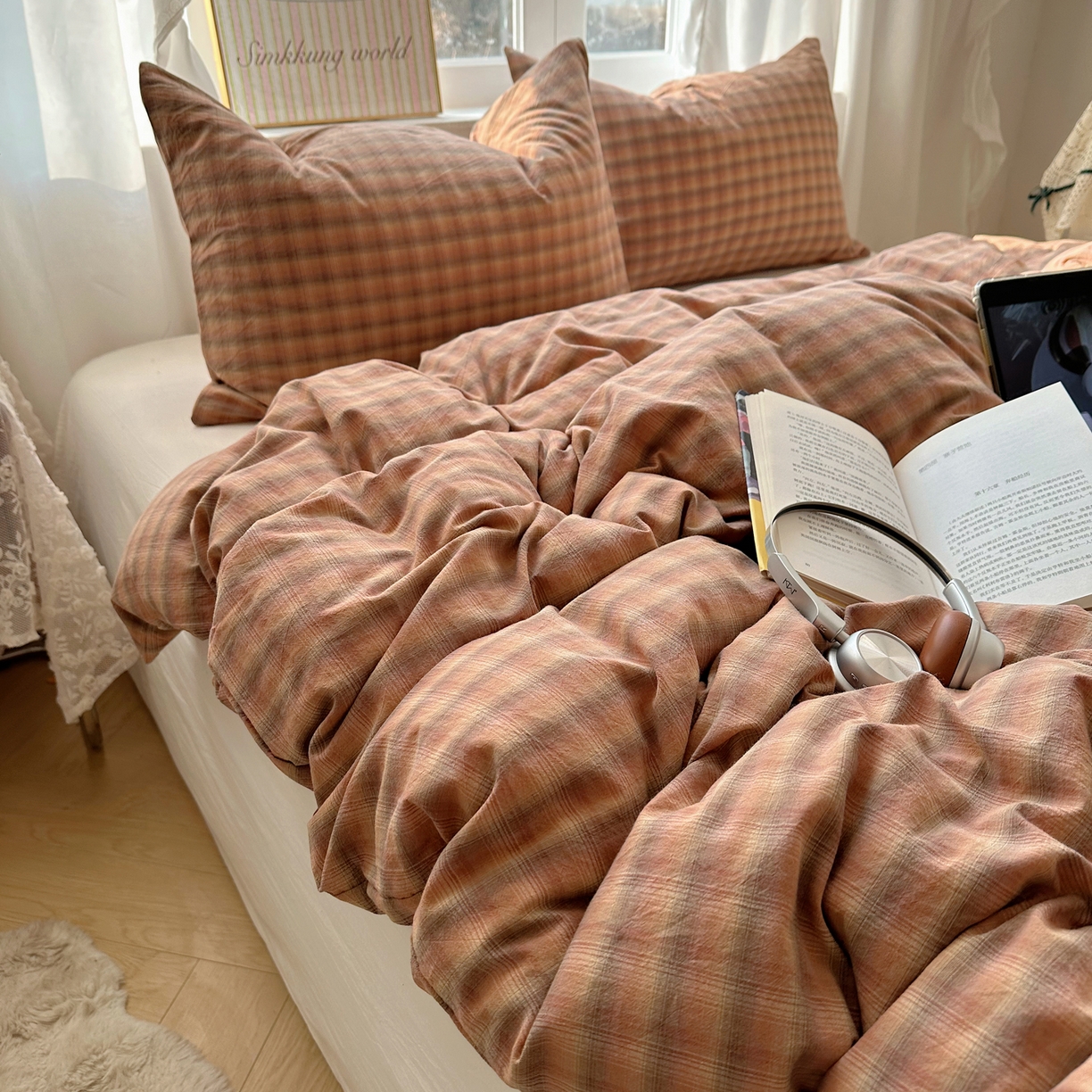 91家纺网 家纺一手货源 找家纺 六巷胡同 2026新款A类全棉纯棉水洗棉色织格子单品被套 被套单件 巷往-橘格