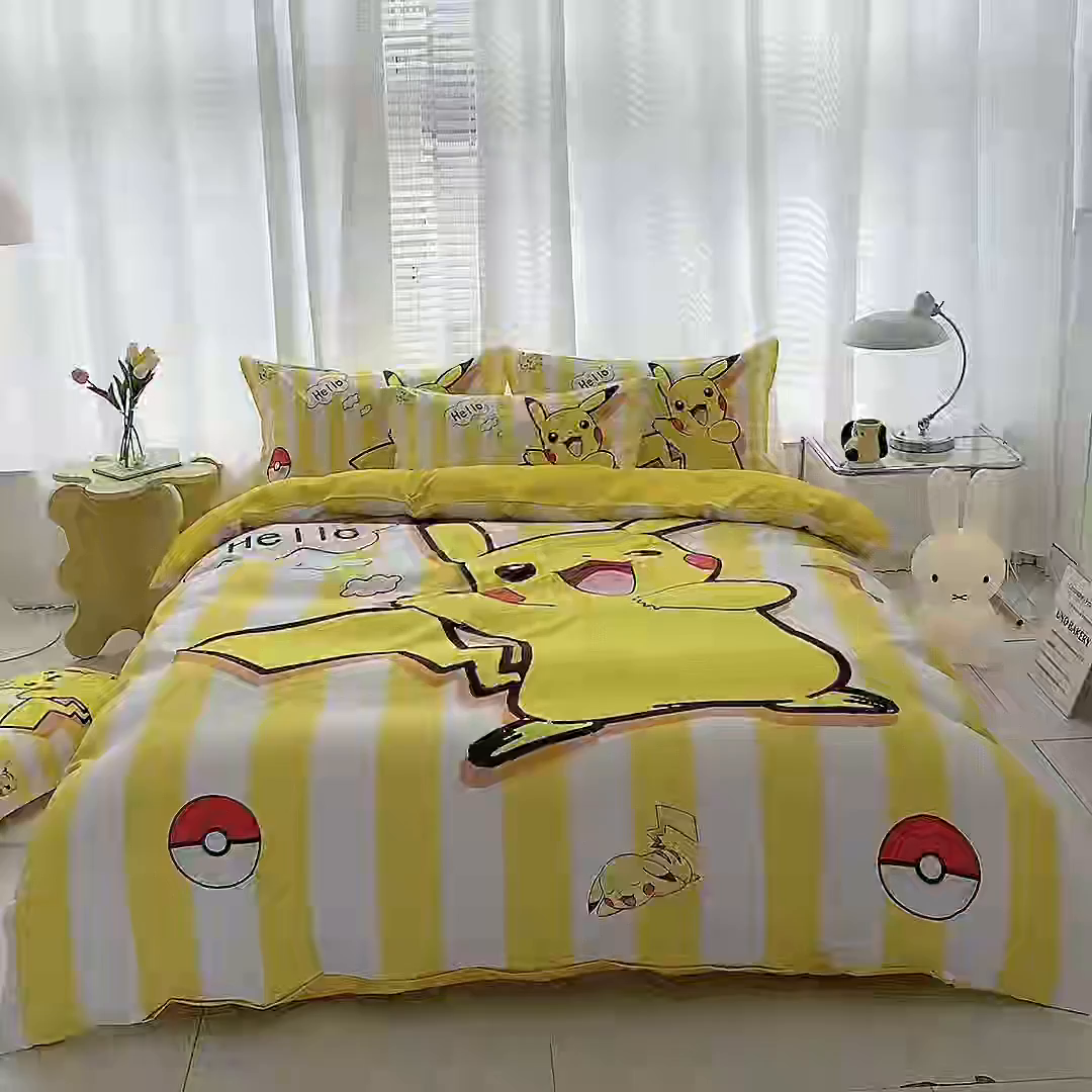 91家纺网 家纺一手货源 找家纺 一电 2026新款卡通被套单件被罩男女儿童学生宿舍单人被单男孩卡幼儿园单人被罩-2.磨毛被套 开心皮卡丘