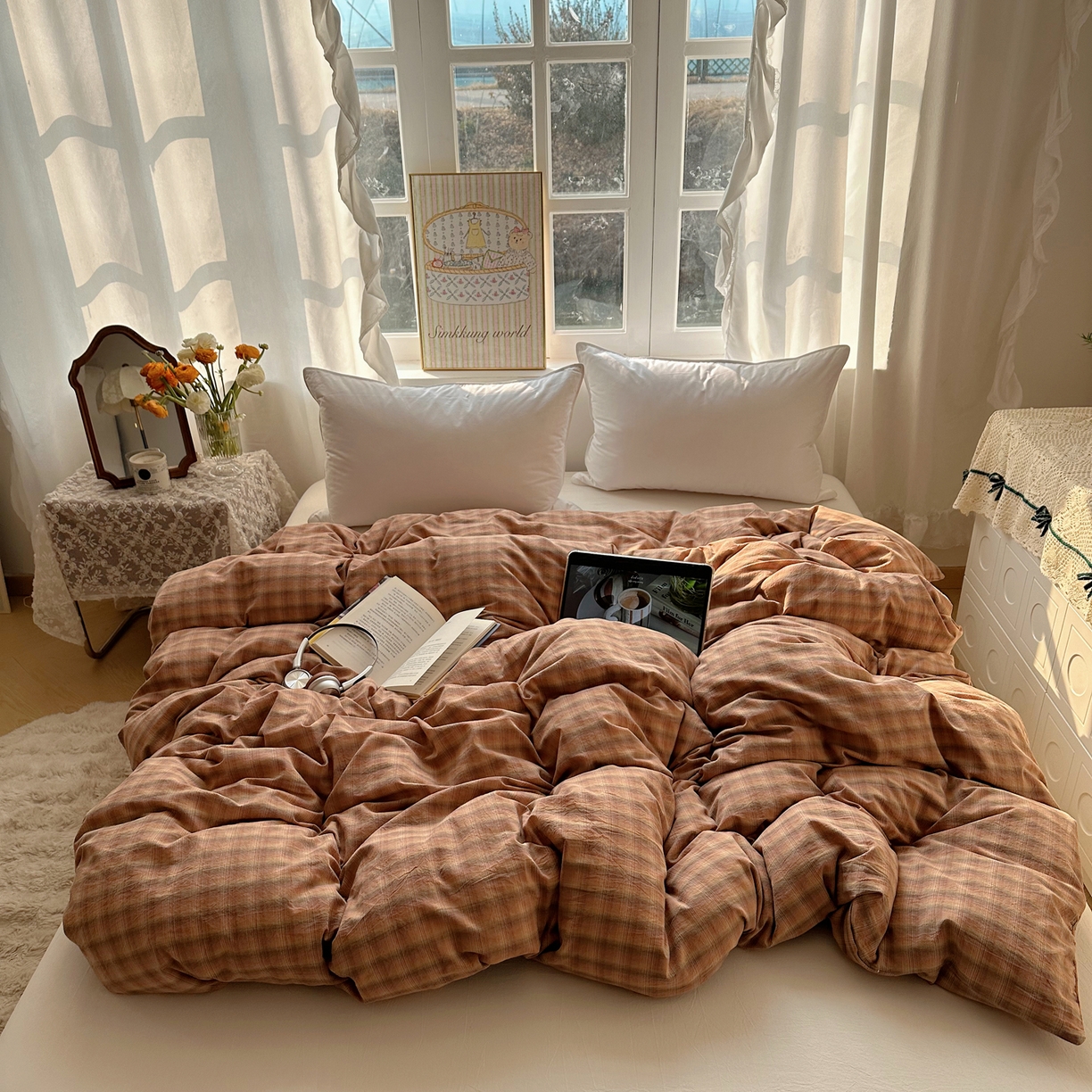 91家纺网 家纺一手货源 找家纺 六巷胡同 2026新款A类全棉纯棉水洗棉色织格子单品被套 被套单件 巷往-橘格