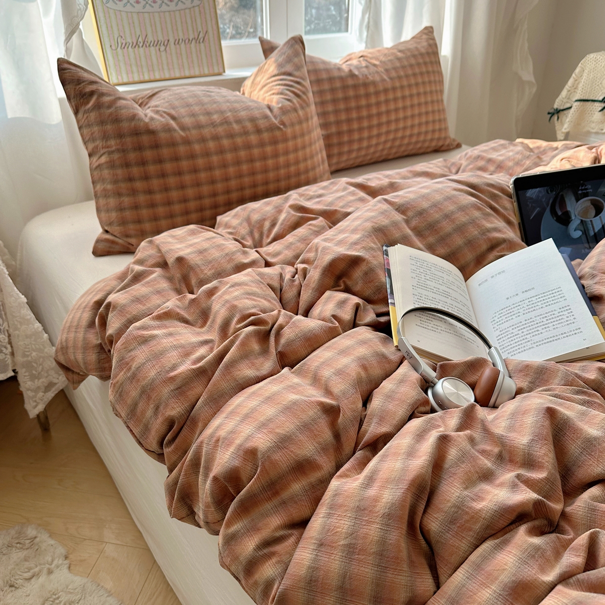 91家纺网 家纺一手货源 找家纺 六巷胡同 2026新款A类全棉纯棉水洗棉色织格子单品被套 被套单件 巷往-橘格