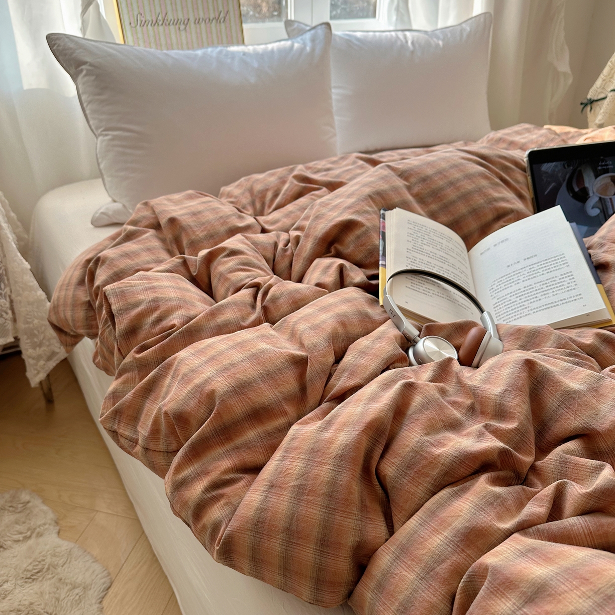 91家纺网 家纺一手货源 找家纺 六巷胡同 2026新款A类全棉纯棉水洗棉色织格子单品被套 被套单件 巷往-橘格