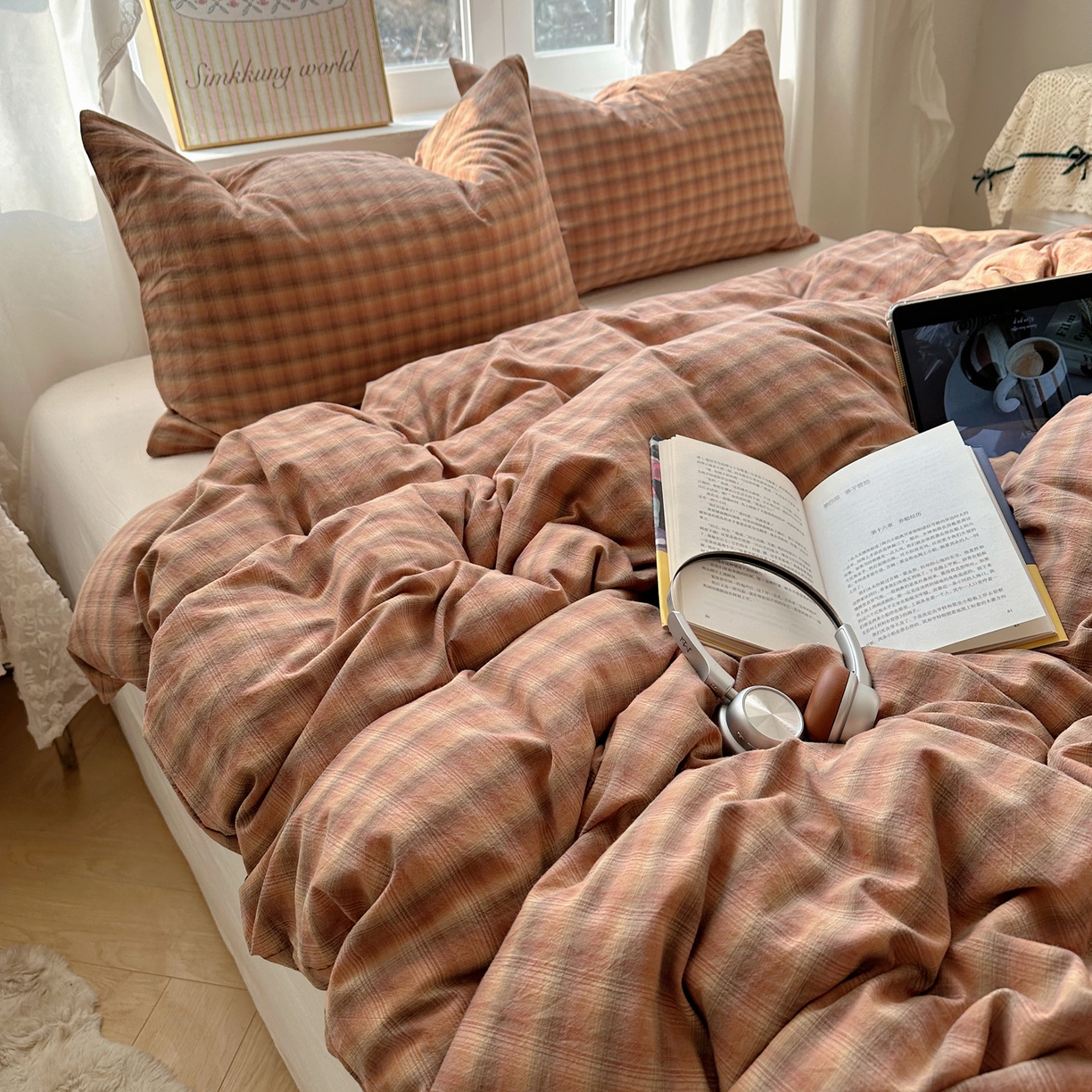 91家纺网 家纺一手货源 找家纺 六巷胡同 2026新款A类全棉纯棉水洗棉色织格子单品被套 被套单件 巷往-橘格