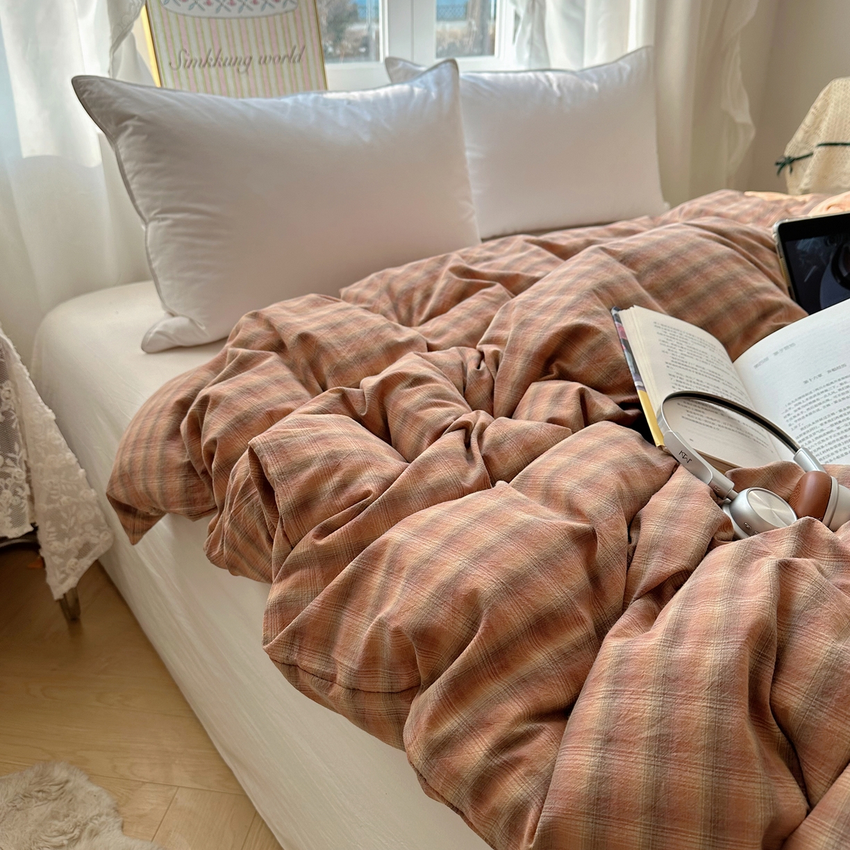 91家纺网 家纺一手货源 找家纺 六巷胡同 2026新款A类全棉纯棉水洗棉色织格子单品被套 被套单件 巷往-橘格
