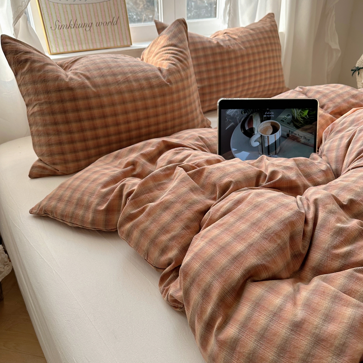 91家纺网 家纺一手货源 找家纺 六巷胡同 2026新款A类全棉纯棉水洗棉色织格子单品被套 被套单件 巷往-橘格