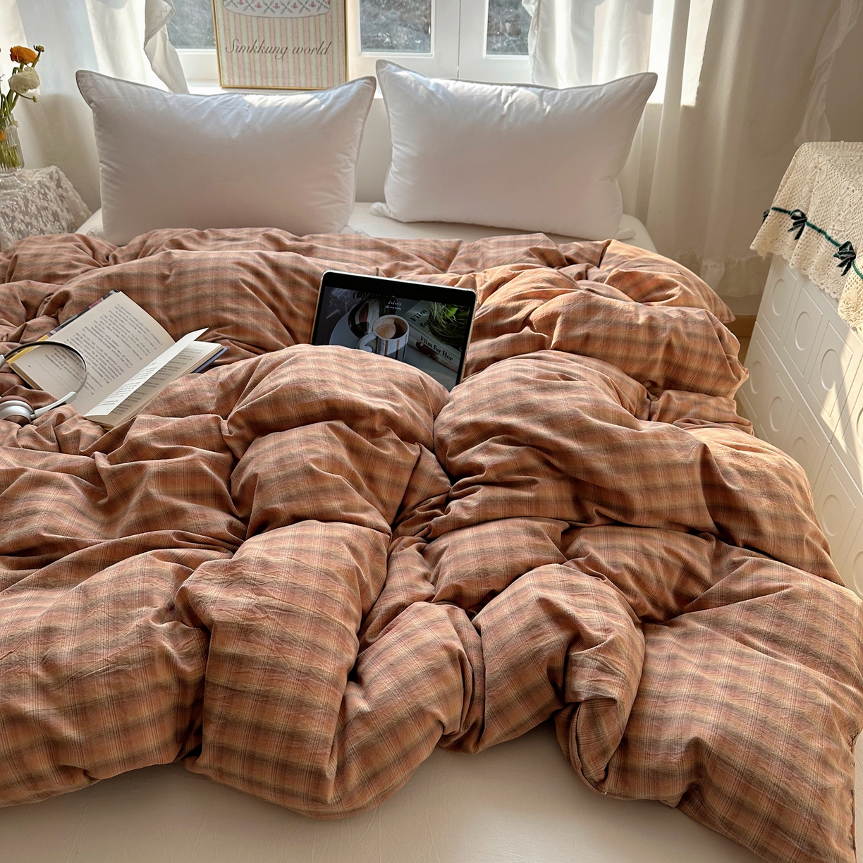 91家纺网 家纺一手货源 找家纺 六巷胡同 2026新款A类全棉纯棉水洗棉色织格子单品被套 被套单件 巷往-橘格