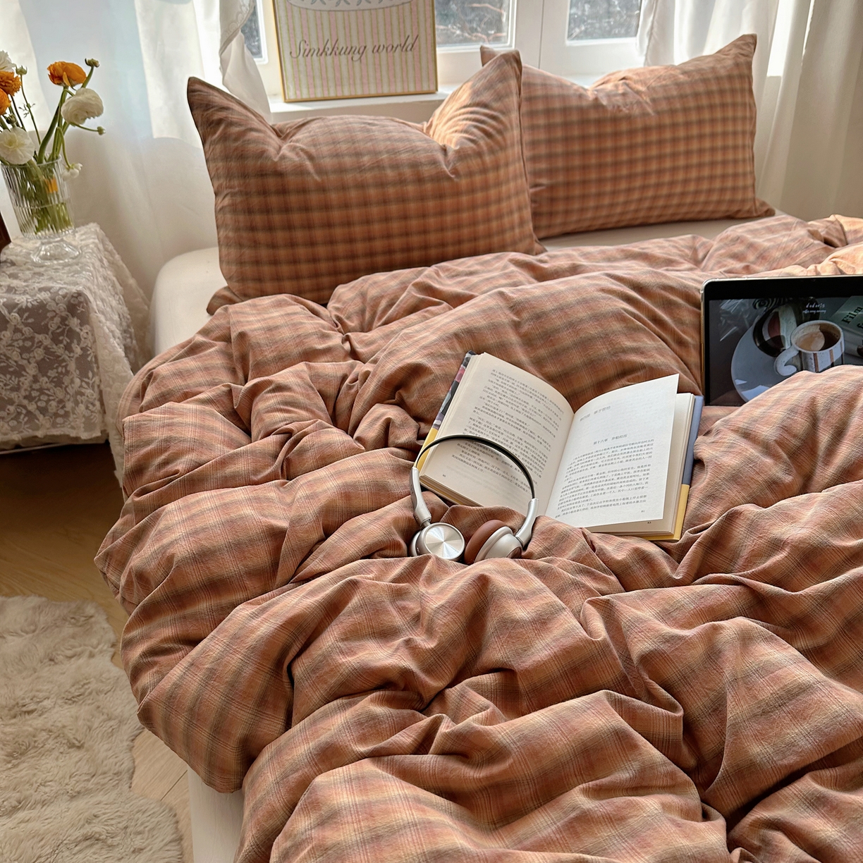 91家纺网 家纺一手货源 找家纺 六巷胡同 2026新款A类全棉纯棉水洗棉色织格子单品被套 被套单件 巷往-橘格