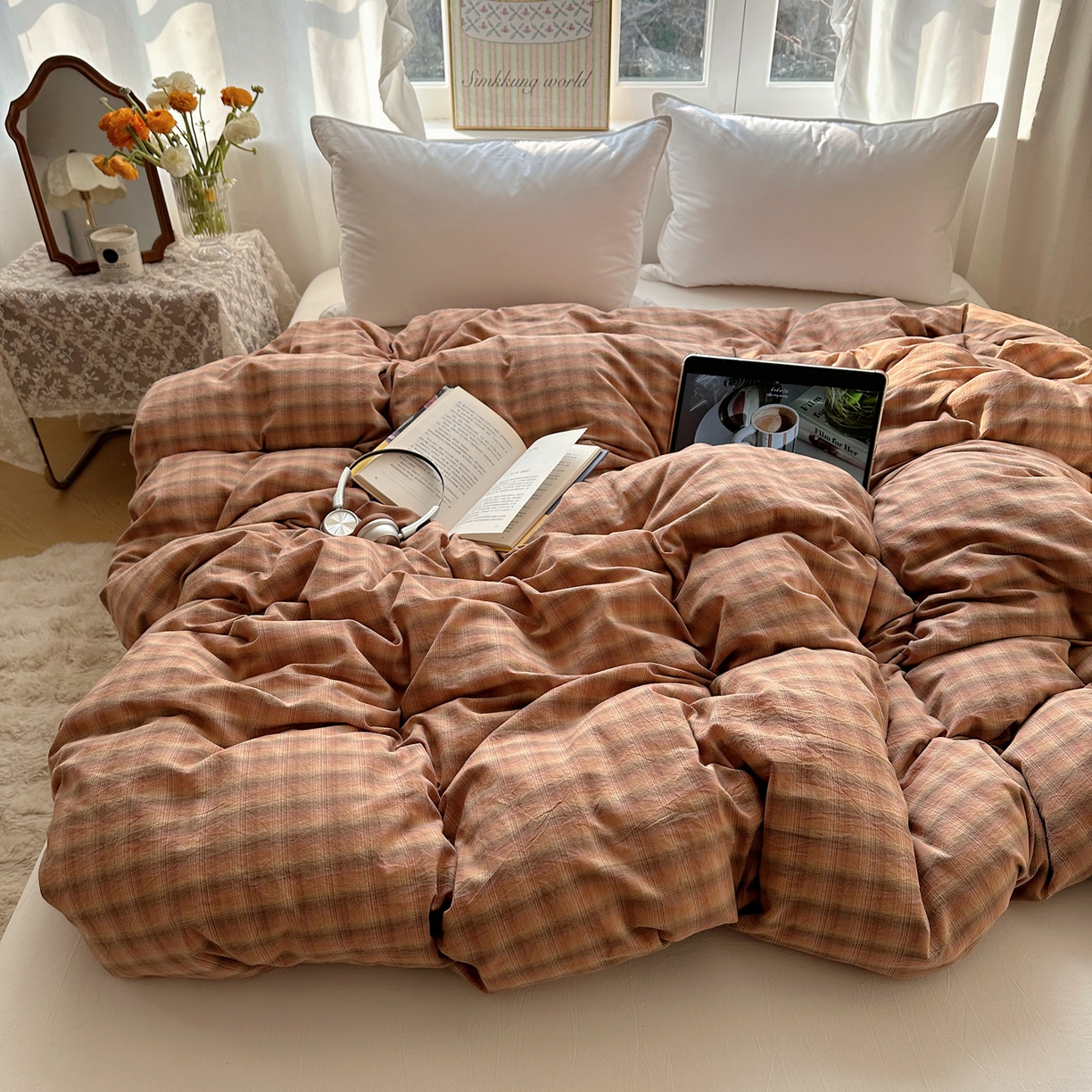 91家纺网 家纺一手货源 找家纺 六巷胡同 2026新款A类全棉纯棉水洗棉色织格子单品被套 被套单件 巷往-橘格