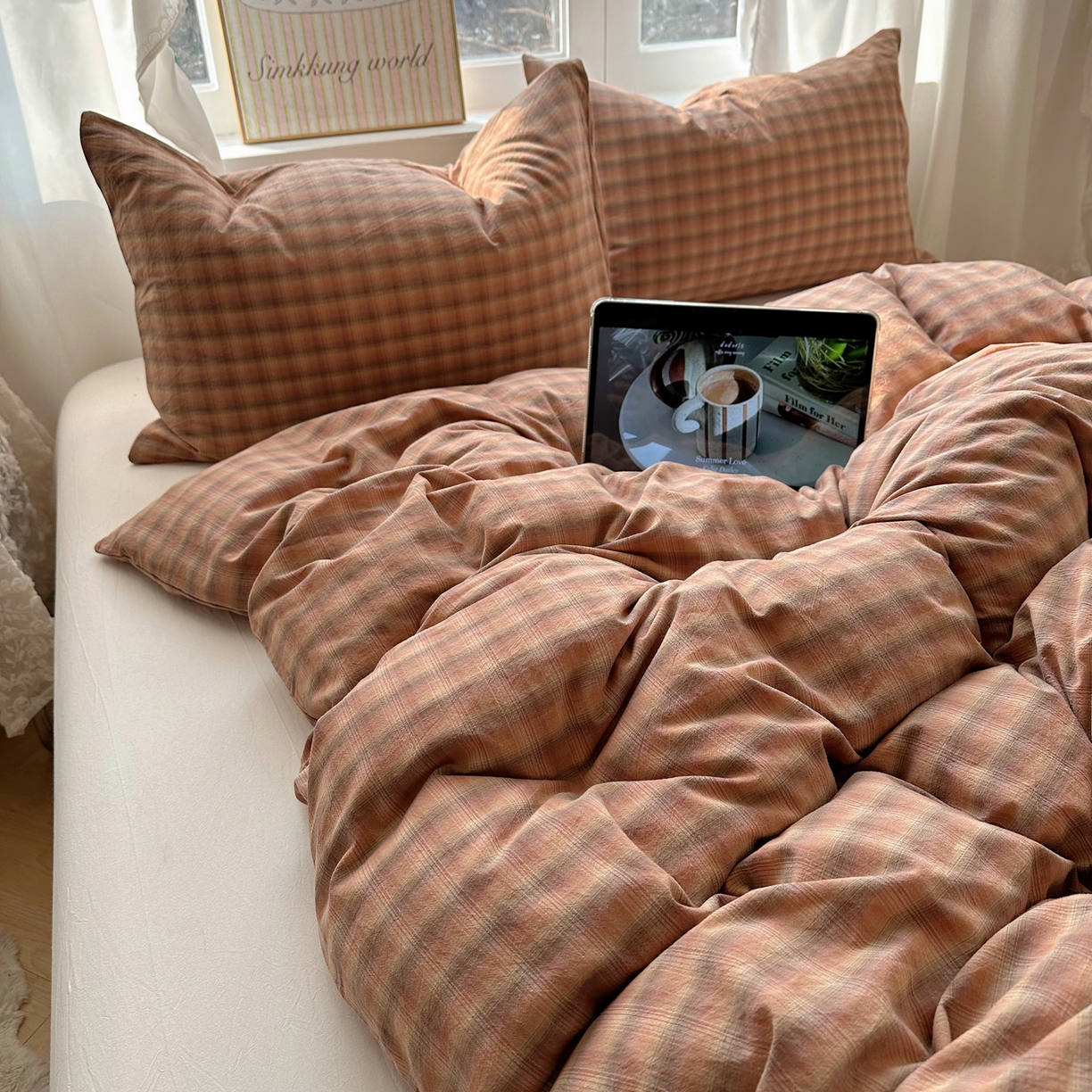 91家纺网 家纺一手货源 找家纺 六巷胡同 2026新款A类全棉纯棉水洗棉色织格子单品被套 被套单件 巷往-橘格
