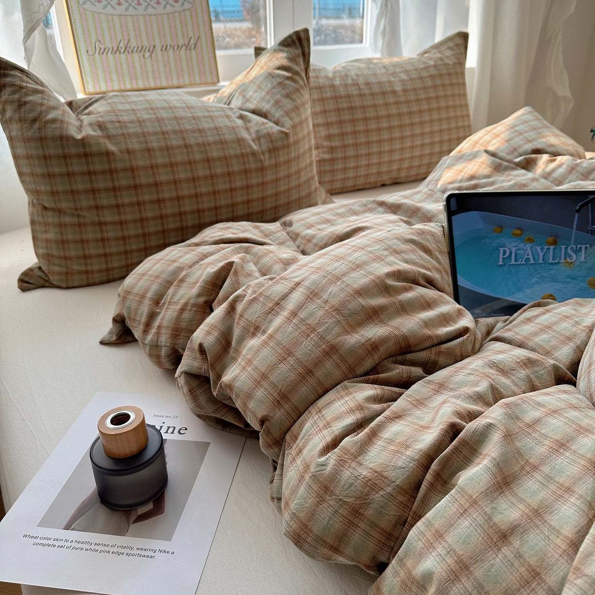 91家纺网 家纺一手货源 找家纺 六巷胡同 2026新款A类全棉纯棉水洗棉色织格子单品被套 被套单件 巷往-绿格