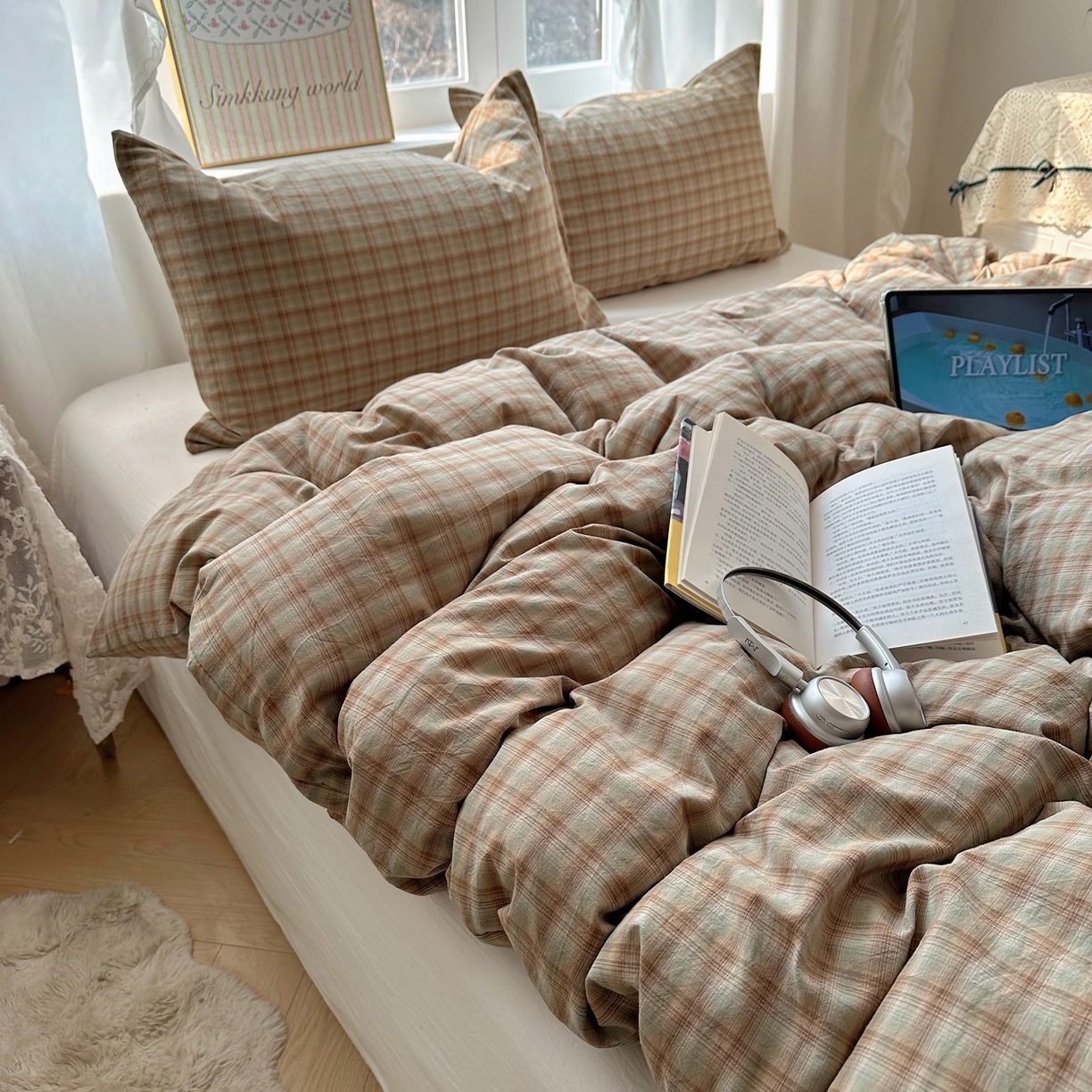 91家纺网 家纺一手货源 找家纺 六巷胡同 2026新款A类全棉纯棉水洗棉色织格子单品被套 被套单件 巷往-绿格