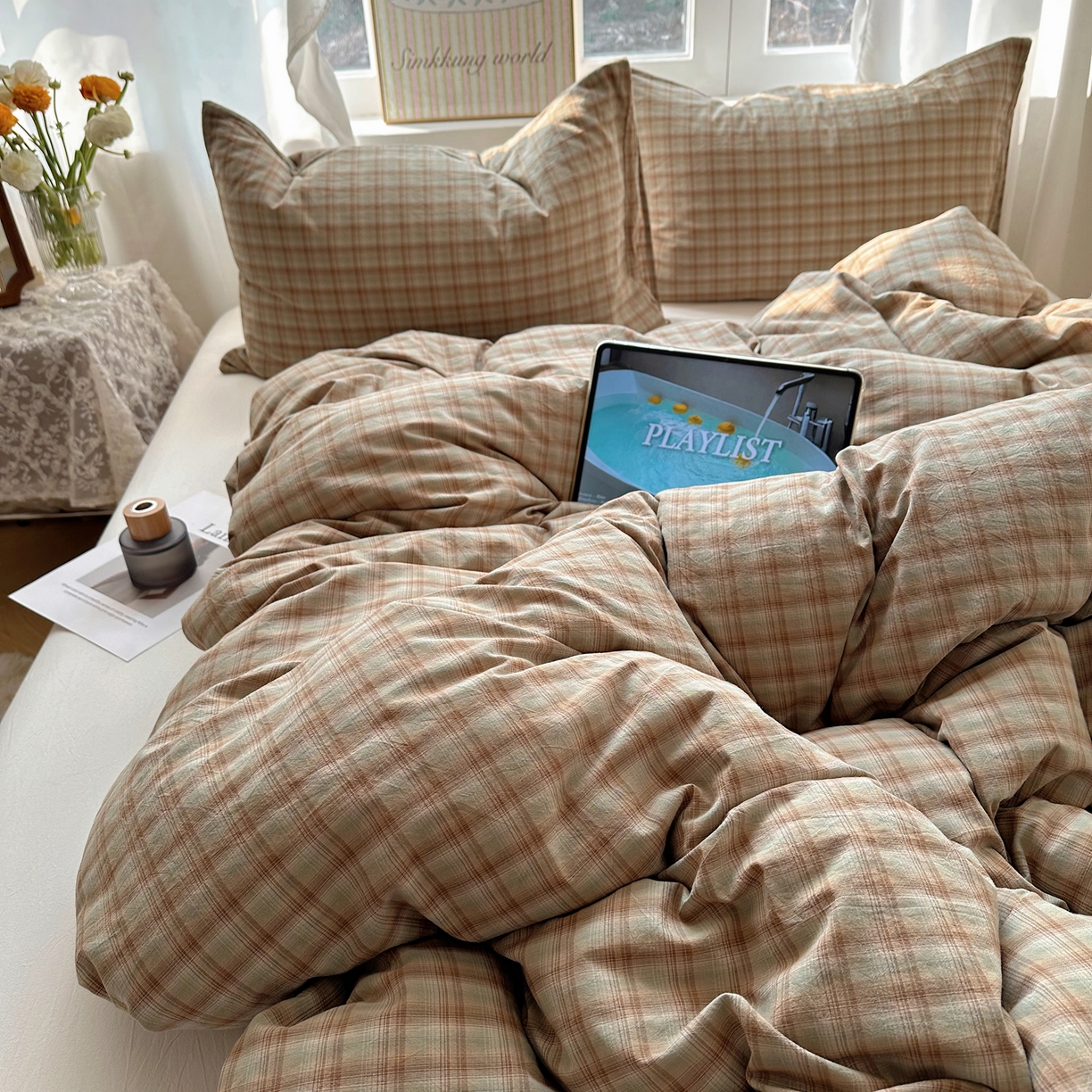 91家纺网 家纺一手货源 找家纺 六巷胡同 2026新款A类全棉纯棉水洗棉色织格子单品被套 被套单件 巷往-绿格