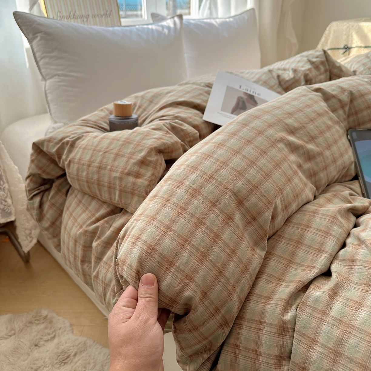 91家纺网 家纺一手货源 找家纺 六巷胡同 2026新款A类全棉纯棉水洗棉色织格子单品被套 被套单件 巷往-绿格