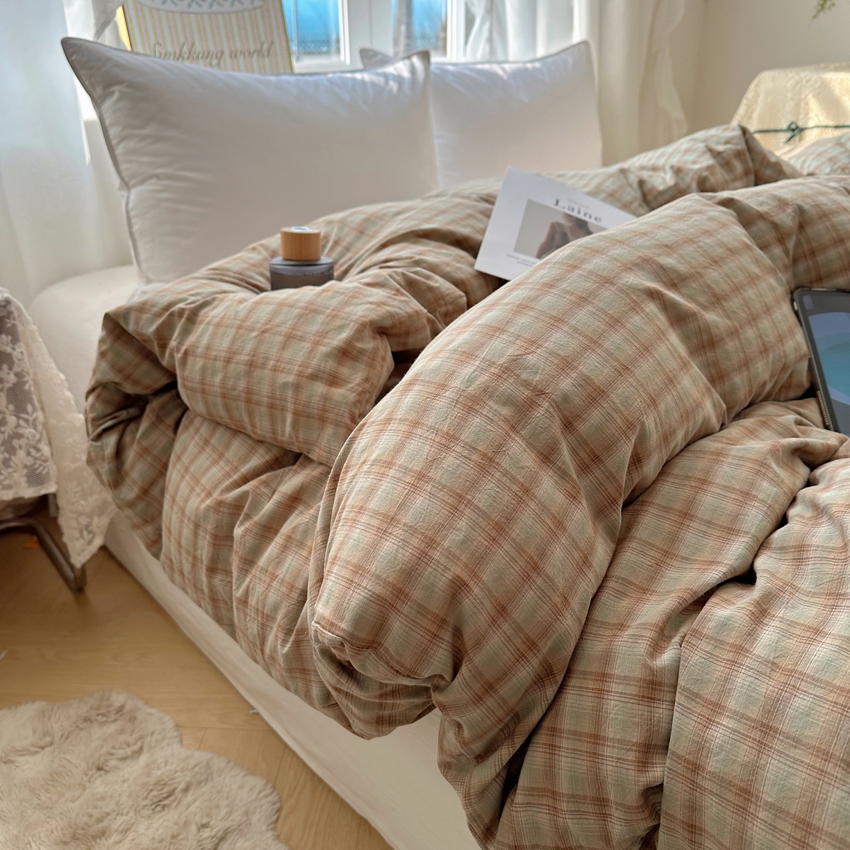 91家纺网 家纺一手货源 找家纺 六巷胡同 2026新款A类全棉纯棉水洗棉色织格子单品被套 被套单件 巷往-绿格