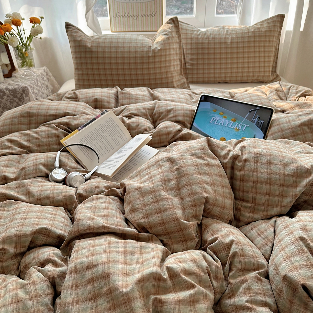 91家纺网 家纺一手货源 找家纺 六巷胡同 2026新款A类全棉纯棉水洗棉色织格子单品被套 被套单件 巷往-绿格