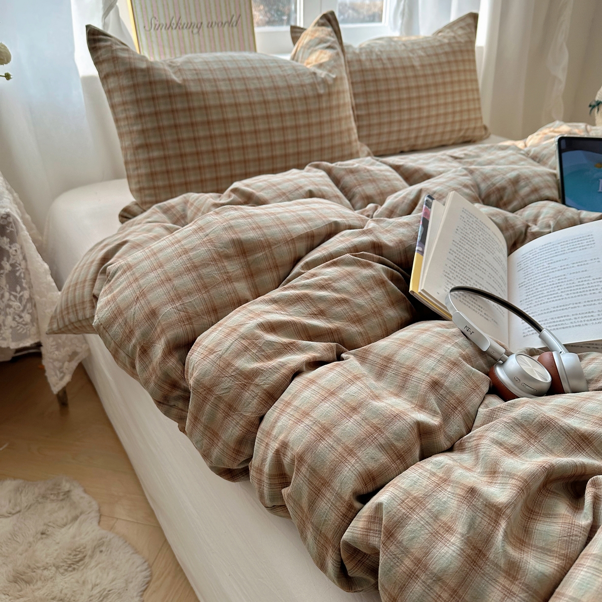 91家纺网 家纺一手货源 找家纺 六巷胡同 2026新款A类全棉纯棉水洗棉色织格子单品被套 被套单件 巷往-绿格