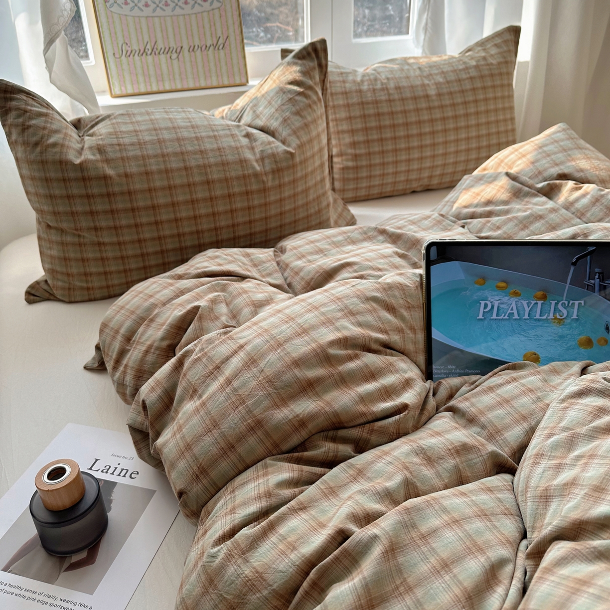 91家纺网 家纺一手货源 找家纺 六巷胡同 2026新款A类全棉纯棉水洗棉色织格子单品被套 被套单件 巷往-绿格