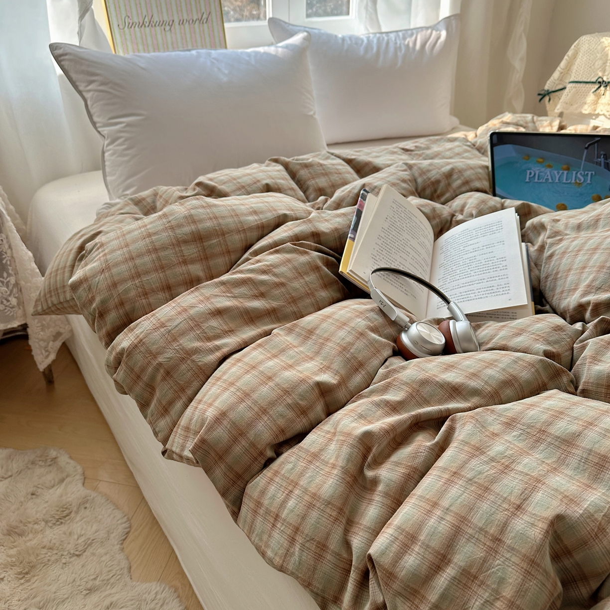 91家纺网 家纺一手货源 找家纺 六巷胡同 2026新款A类全棉纯棉水洗棉色织格子单品被套 被套单件 巷往-绿格