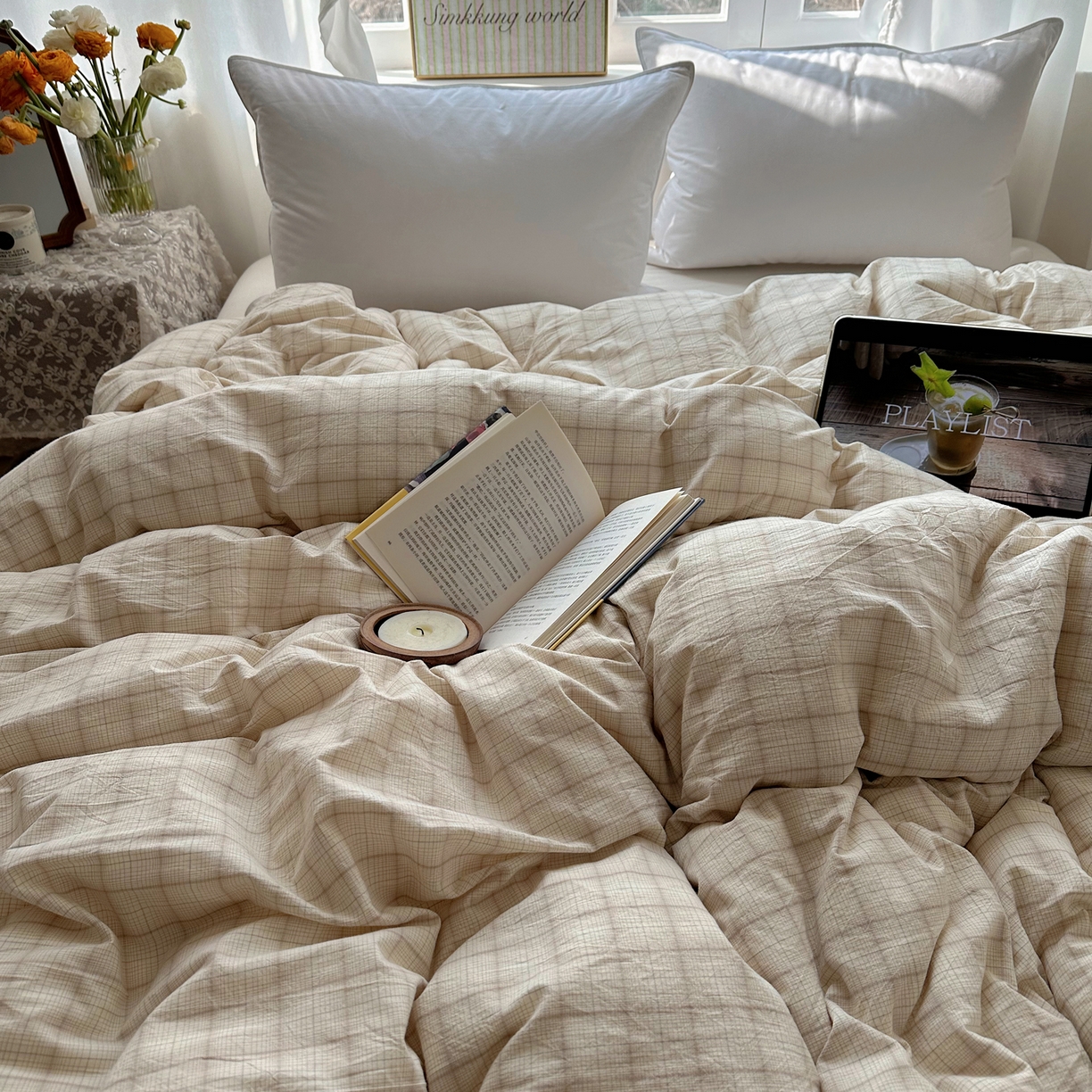 91家纺网 家纺一手货源 找家纺 六巷胡同 2026新款A类全棉纯棉水洗棉色织格子单品被套 被套单件 悦野-白格