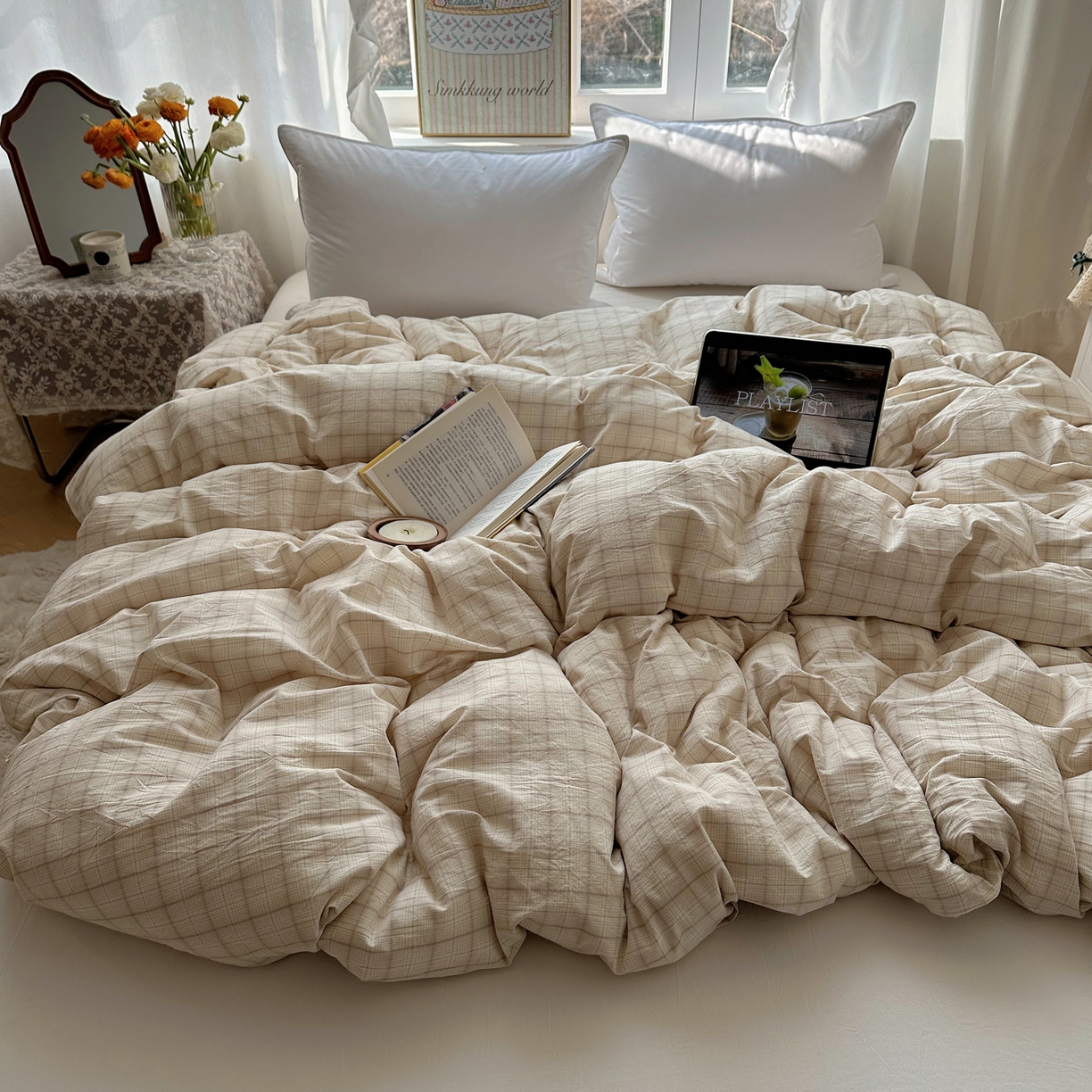 91家纺网 家纺一手货源 找家纺 六巷胡同 2026新款A类全棉纯棉水洗棉色织格子单品被套 被套单件 悦野-白格
