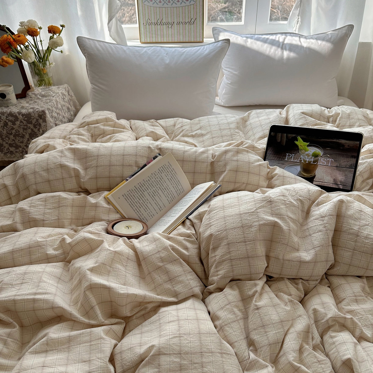 91家纺网 家纺一手货源 找家纺 六巷胡同 2026新款A类全棉纯棉水洗棉色织格子单品被套 被套单件 悦野-白格
