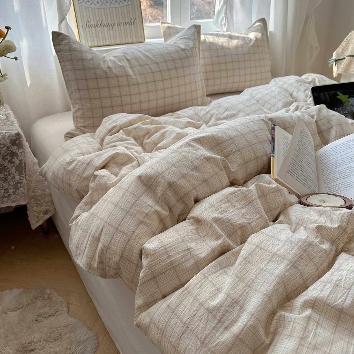 91家纺网 家纺一手货源 找家纺 六巷胡同 2026新款A类全棉纯棉水洗棉色织格子单品被套 被套单件 悦野-白格