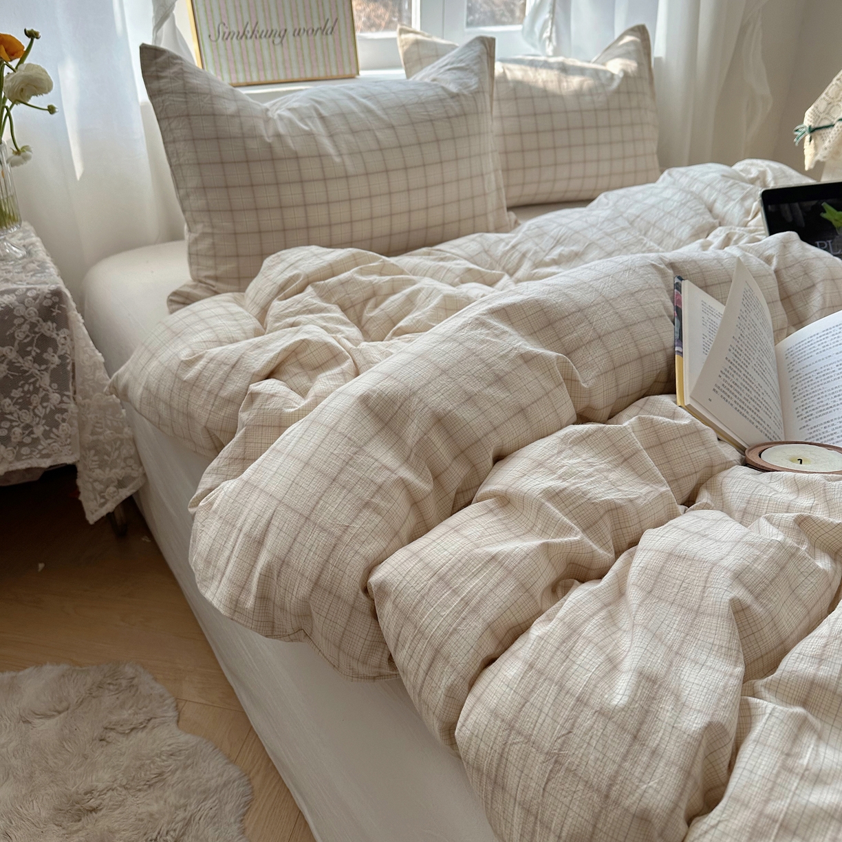 91家纺网 家纺一手货源 找家纺 六巷胡同 2026新款A类全棉纯棉水洗棉色织格子单品被套 被套单件 悦野-白格