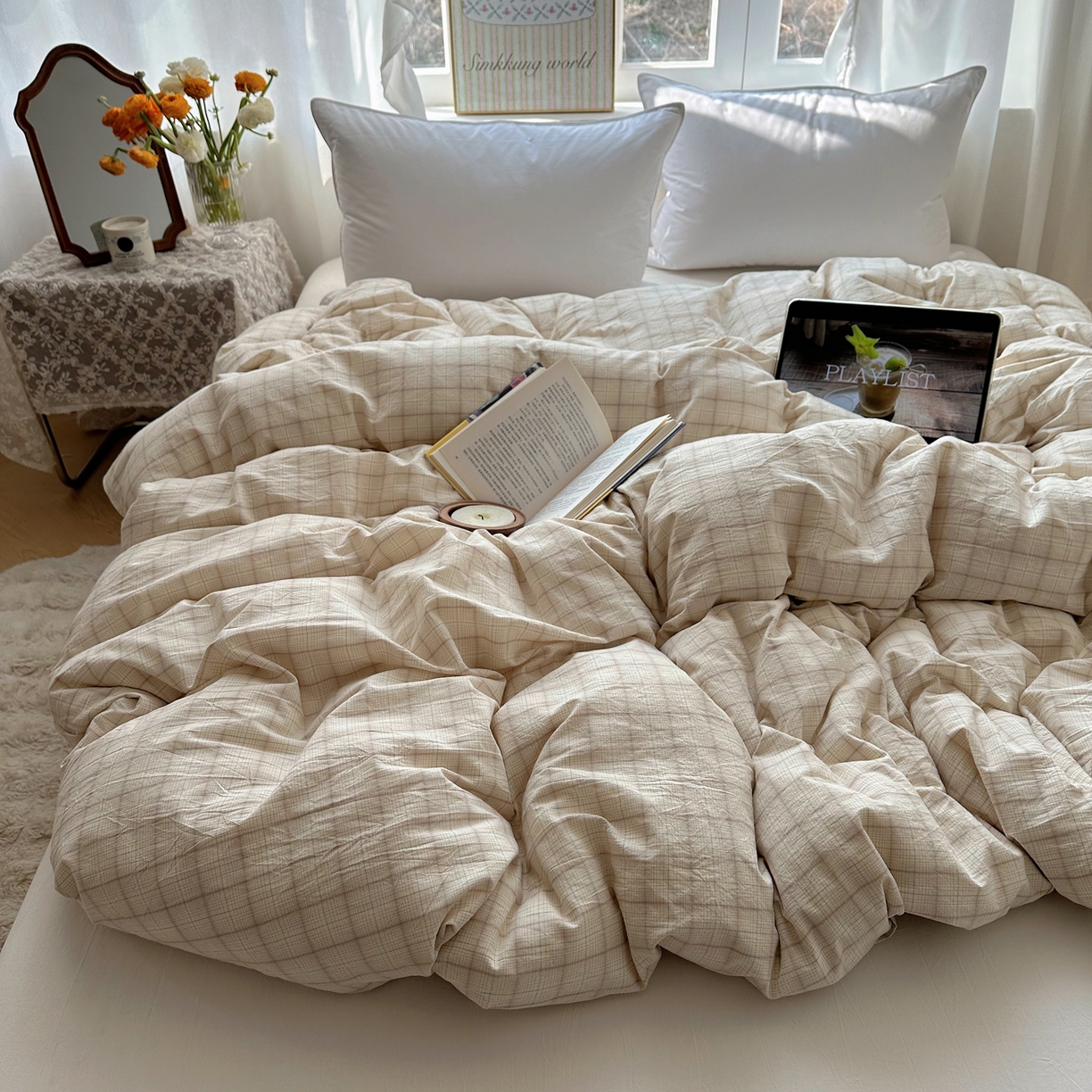 91家纺网 家纺一手货源 找家纺 六巷胡同 2026新款A类全棉纯棉水洗棉色织格子单品被套 被套单件 悦野-白格