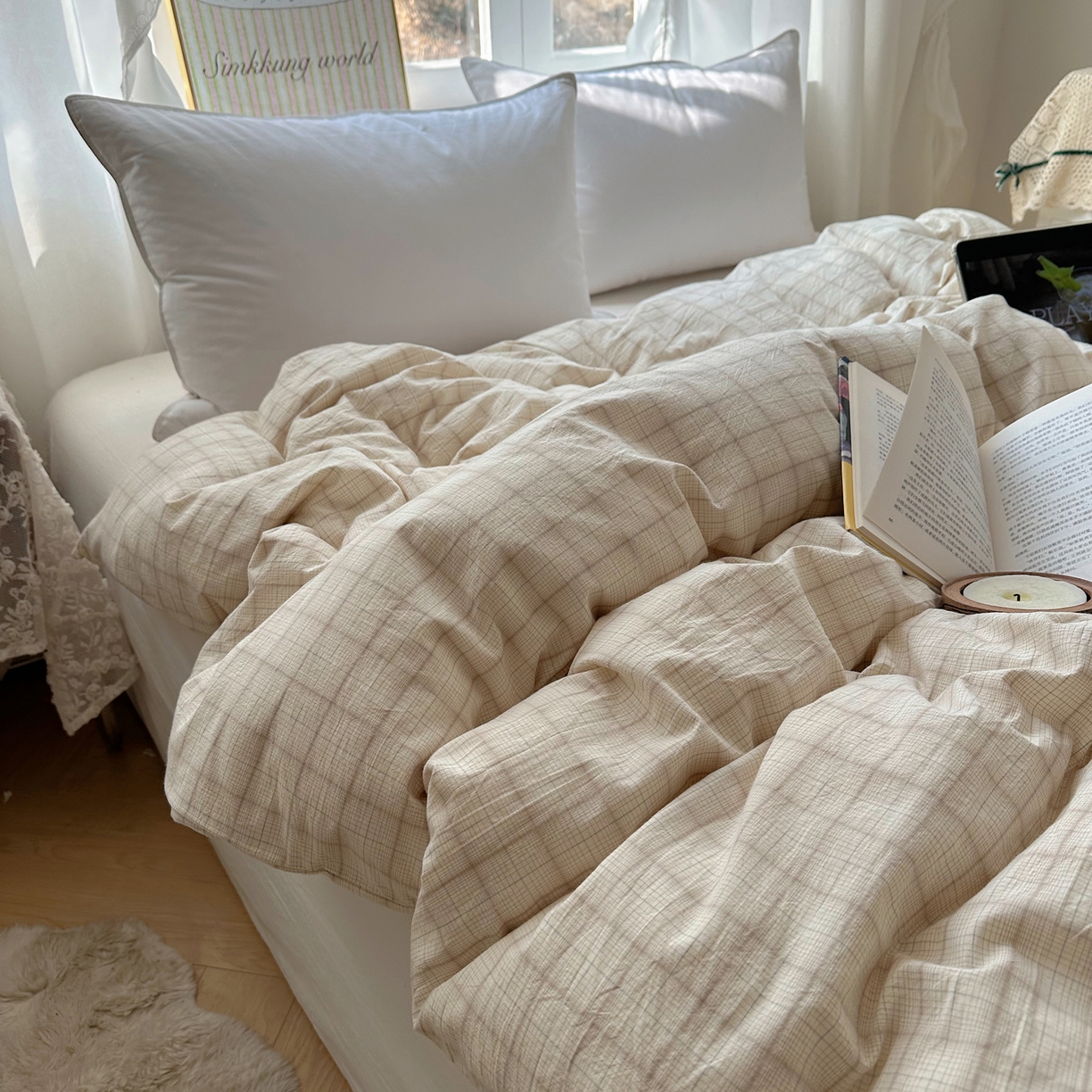 91家纺网 家纺一手货源 找家纺 六巷胡同 2026新款A类全棉纯棉水洗棉色织格子单品被套 被套单件 悦野-白格