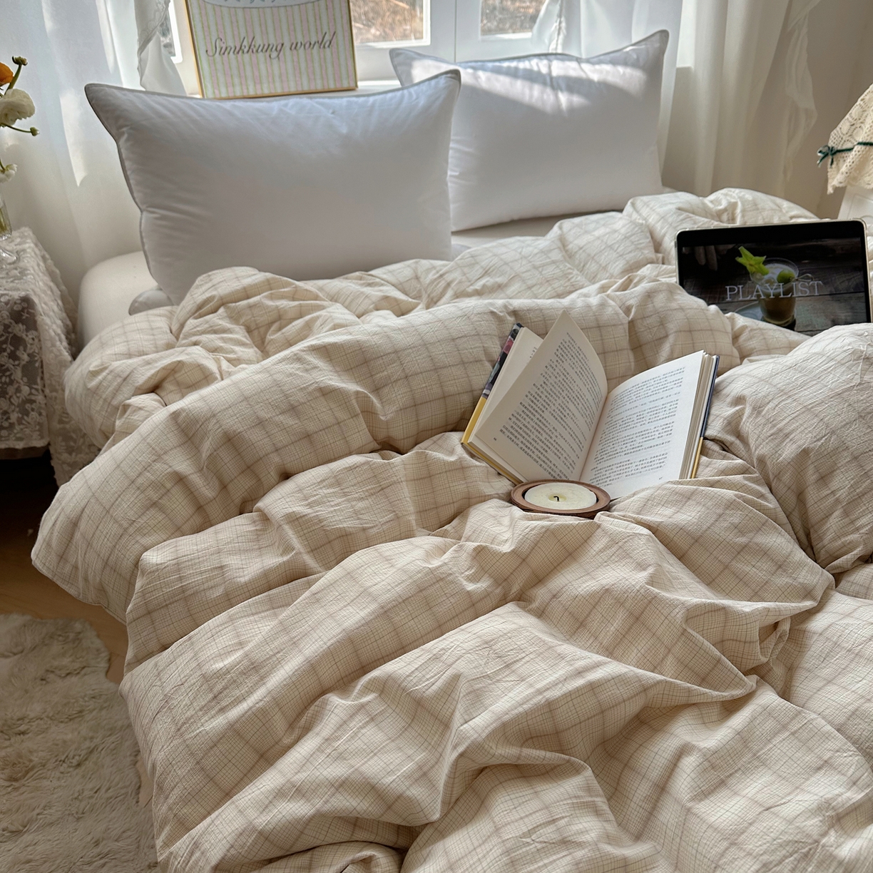 91家纺网 家纺一手货源 找家纺 六巷胡同 2026新款A类全棉纯棉水洗棉色织格子单品被套 被套单件 悦野-白格