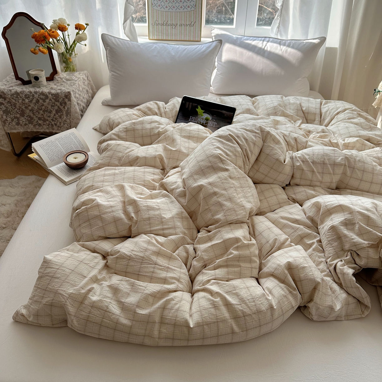 91家纺网 家纺一手货源 找家纺 六巷胡同 2026新款A类全棉纯棉水洗棉色织格子单品被套 被套单件 悦野-白格