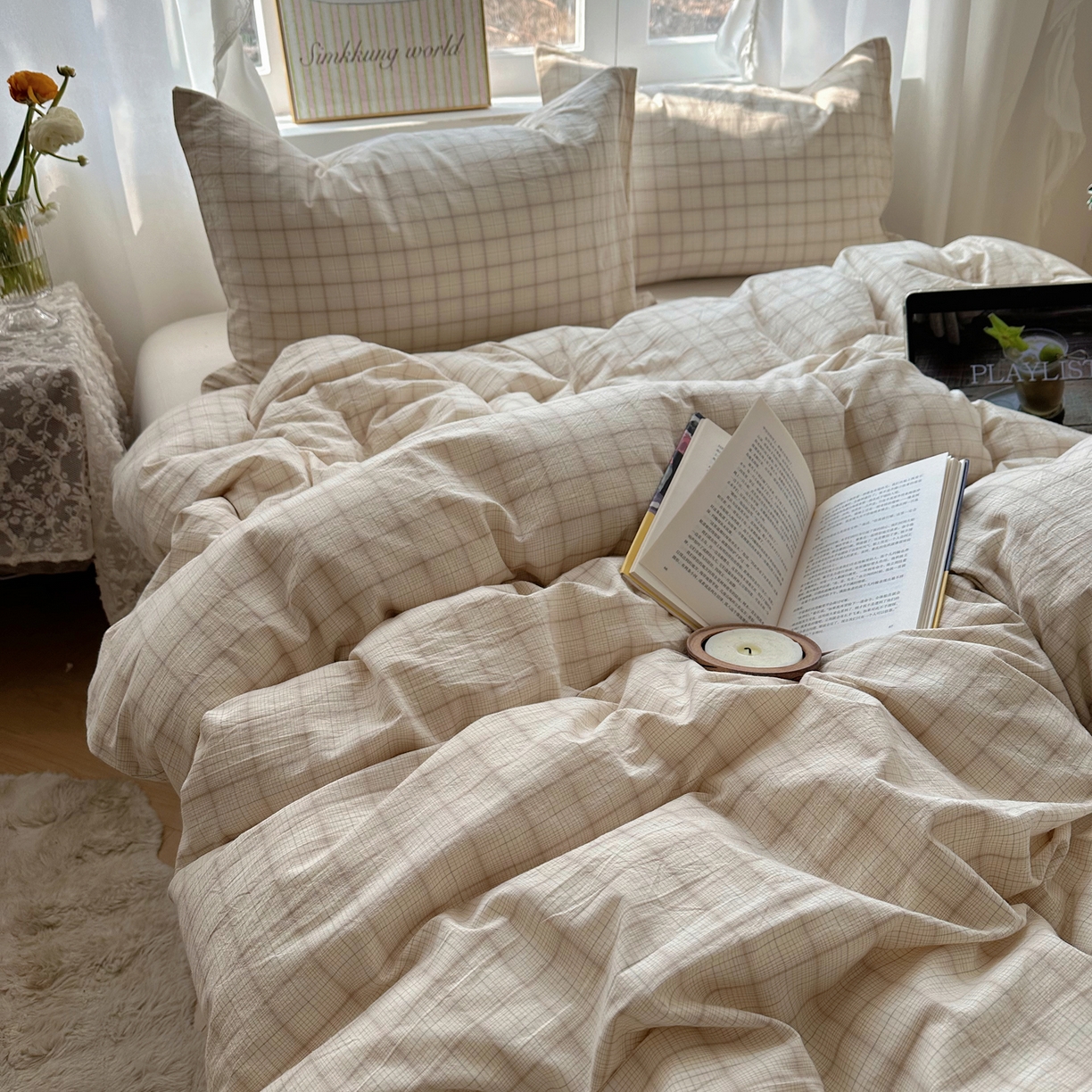 91家纺网 家纺一手货源 找家纺 六巷胡同 2026新款A类全棉纯棉水洗棉色织格子单品被套 被套单件 悦野-白格