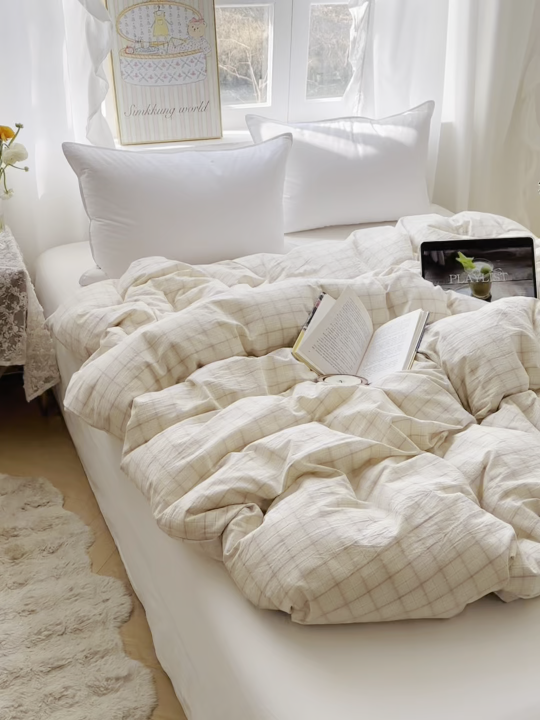 91家纺网 家纺一手货源 找家纺 六巷胡同 2026新款A类全棉纯棉水洗棉色织格子单品被套 被套单件 悦野-白格
