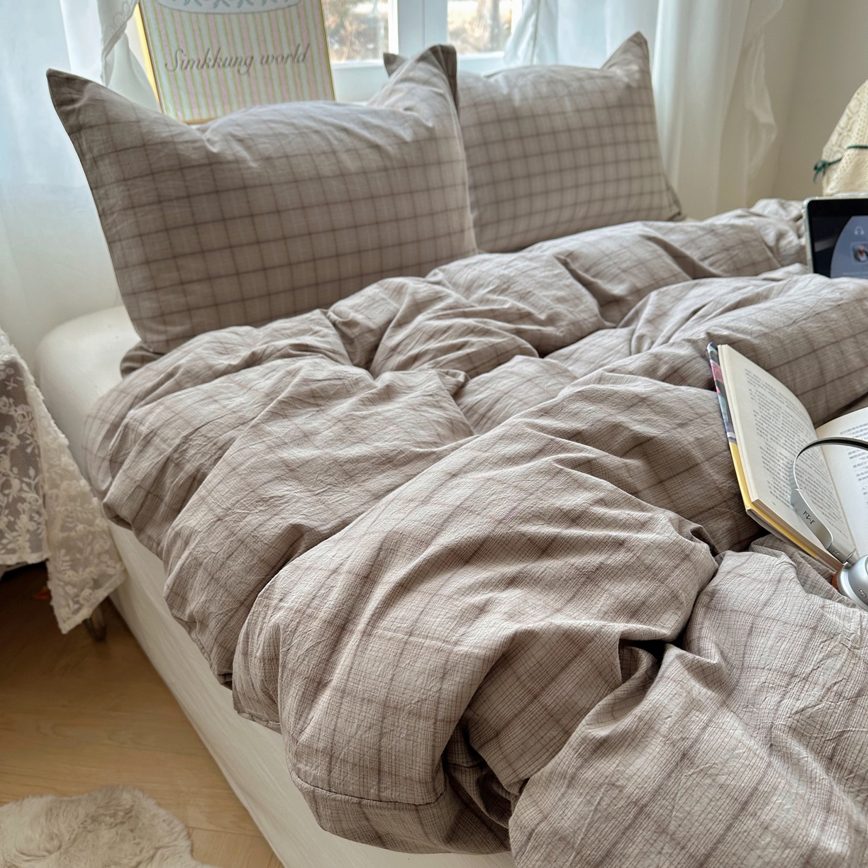 六巷胡同 2026新款A类全棉纯棉水洗棉色织格子单品被套 被套单件 悦野-灰格