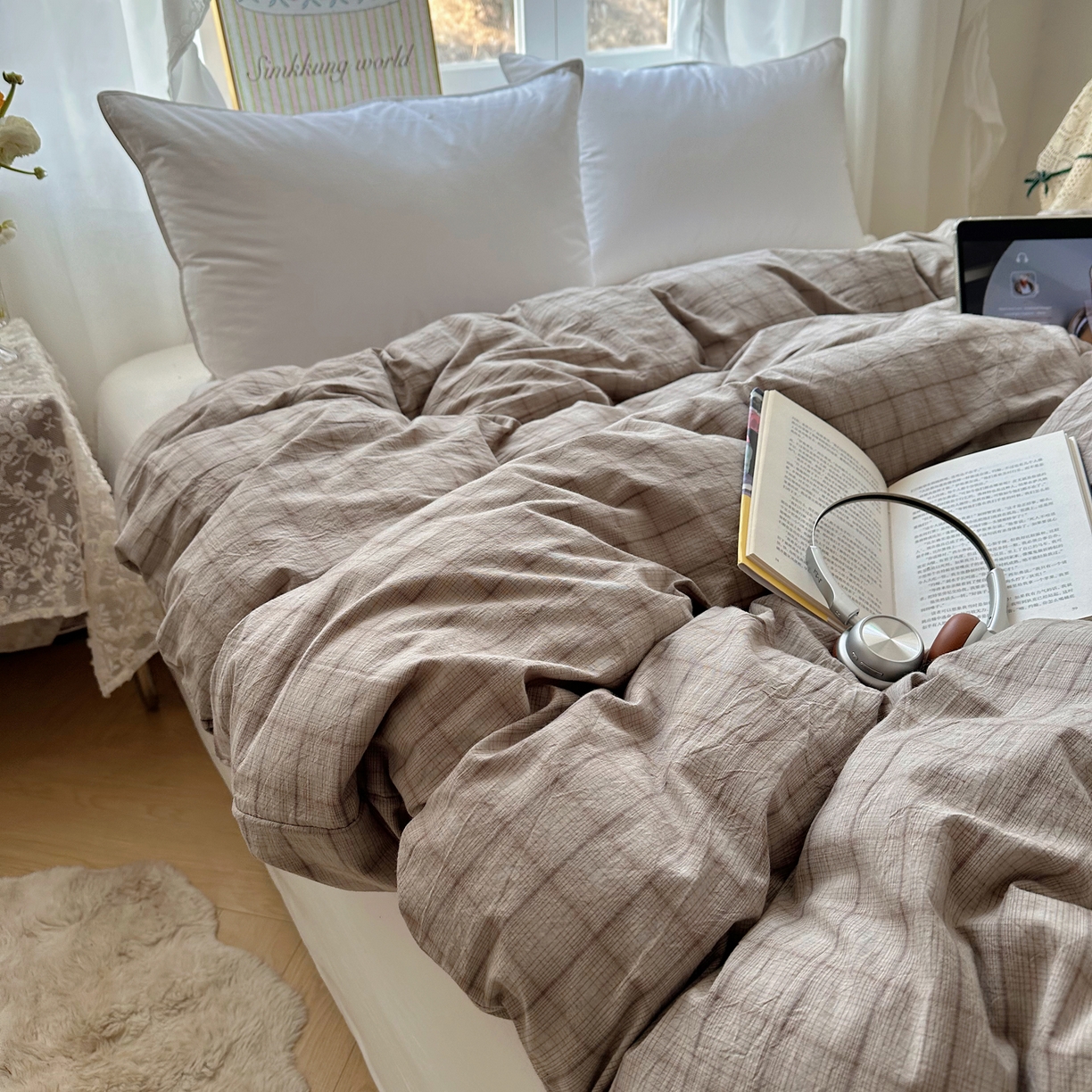 91家纺网 家纺一手货源 找家纺 六巷胡同 2026新款A类全棉纯棉水洗棉色织格子单品被套 被套单件 悦野-灰格