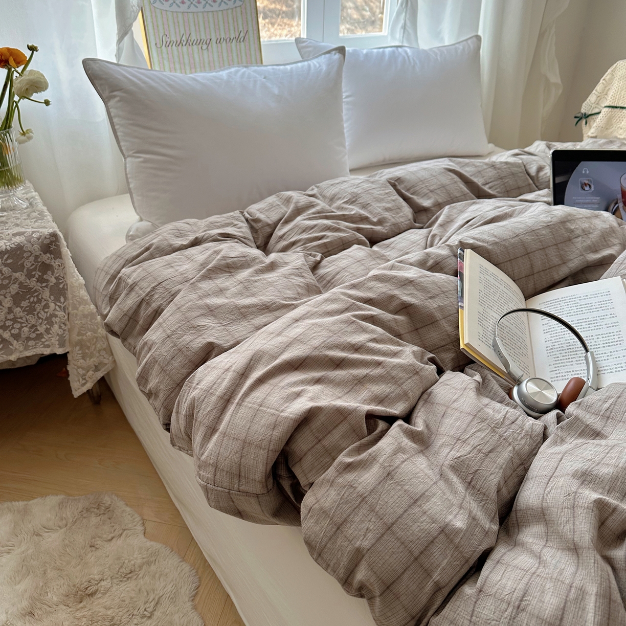 91家纺网 家纺一手货源 找家纺 六巷胡同 2026新款A类全棉纯棉水洗棉色织格子单品被套 被套单件 悦野-灰格