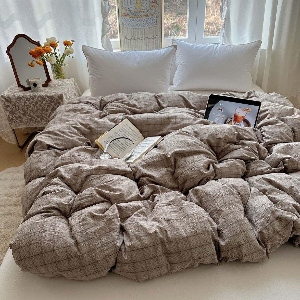 91家纺网 家纺一手货源 找家纺 六巷胡同 2026新款A类全棉纯棉水洗棉色织格子单品被套 被套单件 悦野-灰格