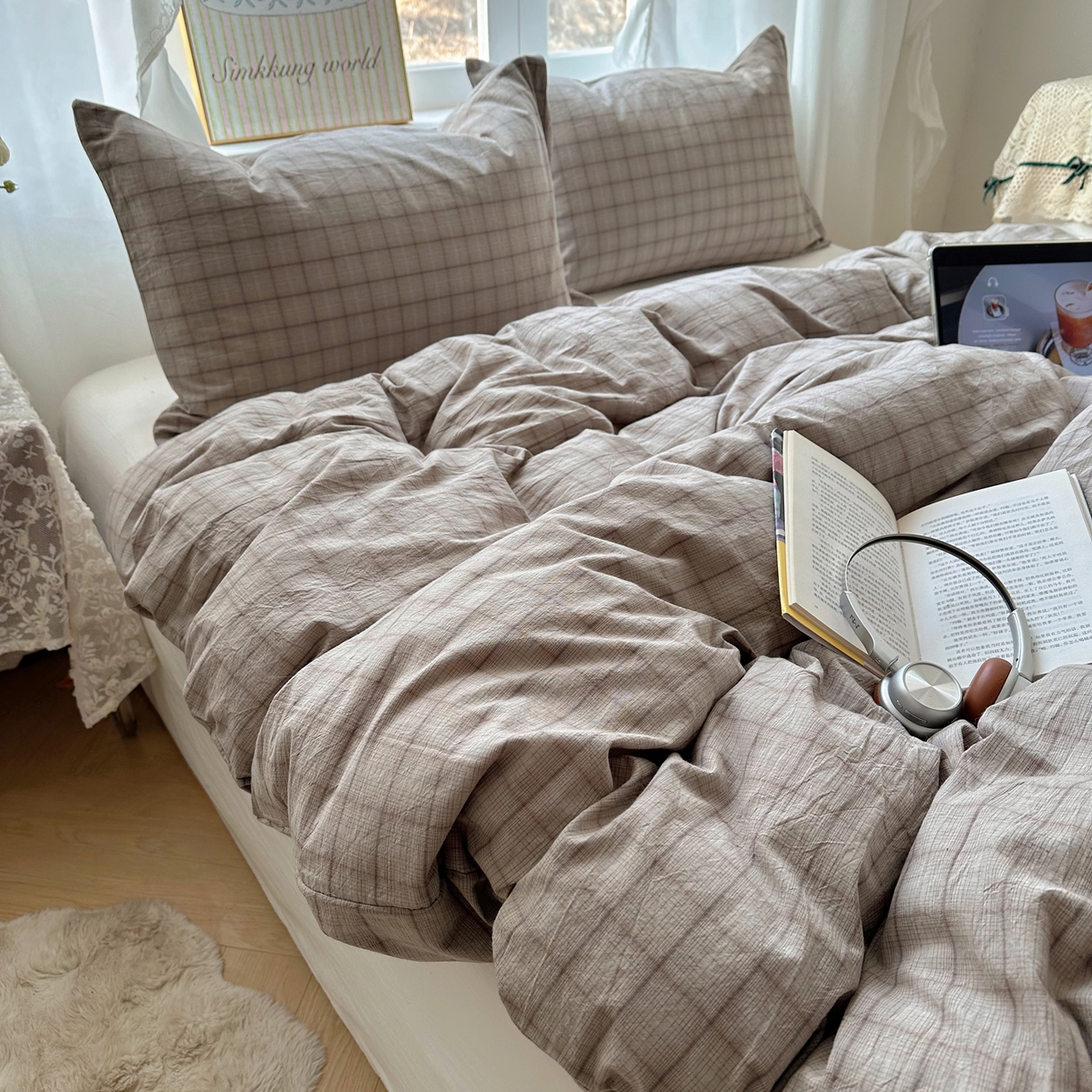 91家纺网 家纺一手货源 找家纺 六巷胡同 2026新款A类全棉纯棉水洗棉色织格子单品被套 被套单件 悦野-灰格