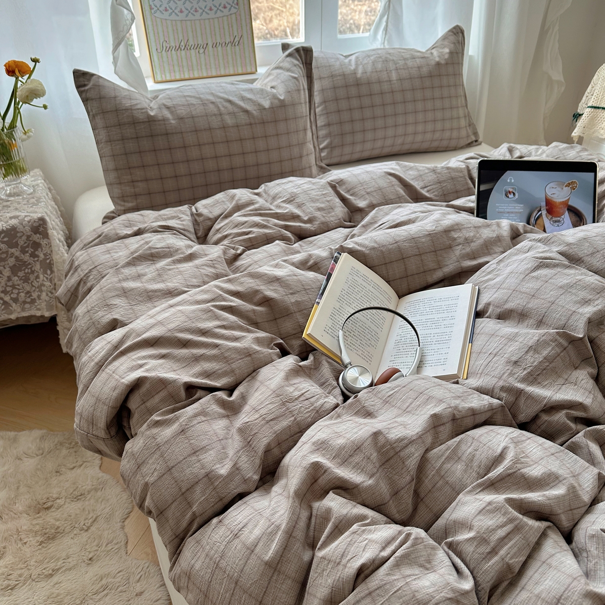 91家纺网 家纺一手货源 找家纺 六巷胡同 2026新款A类全棉纯棉水洗棉色织格子单品被套 被套单件 悦野-灰格