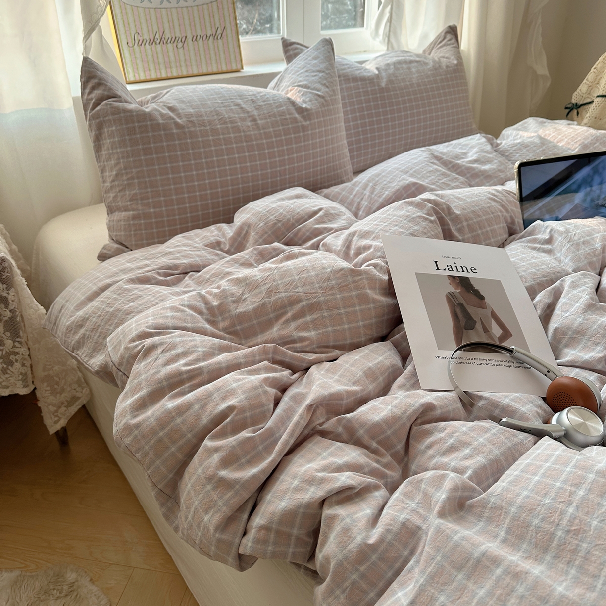 91家纺网 家纺一手货源 找家纺 六巷胡同 2026新款A类全棉纯棉水洗棉色织格子单品被套 被套单件 知序-灰格