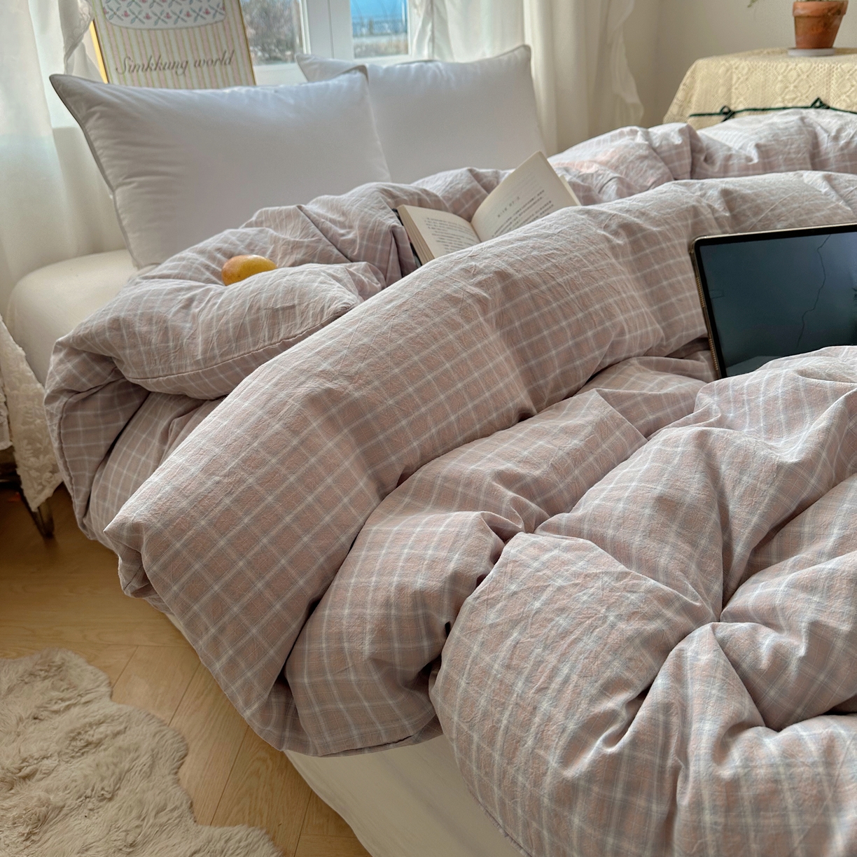 91家纺网 家纺一手货源 找家纺 六巷胡同 2026新款A类全棉纯棉水洗棉色织格子单品被套 被套单件 知序-灰格