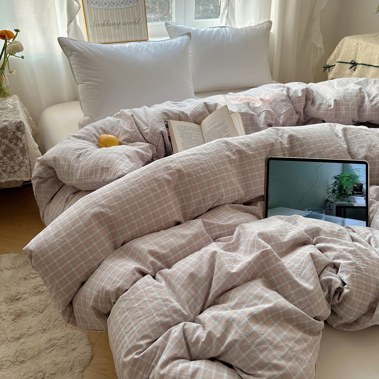 91家纺网 家纺一手货源 找家纺 六巷胡同 2026新款A类全棉纯棉水洗棉色织格子单品被套 被套单件 知序-灰格