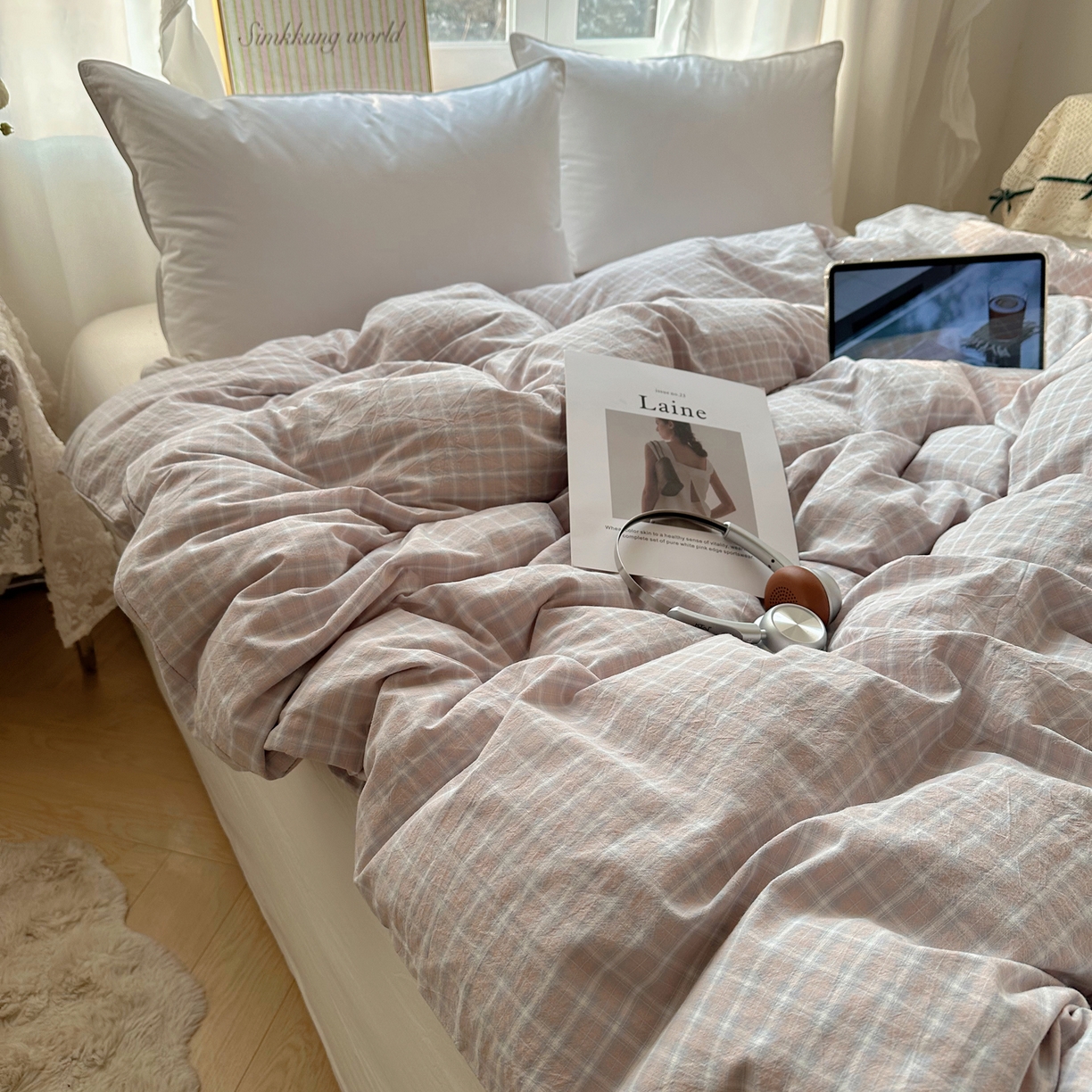 91家纺网 家纺一手货源 找家纺 六巷胡同 2026新款A类全棉纯棉水洗棉色织格子单品被套 被套单件 知序-灰格