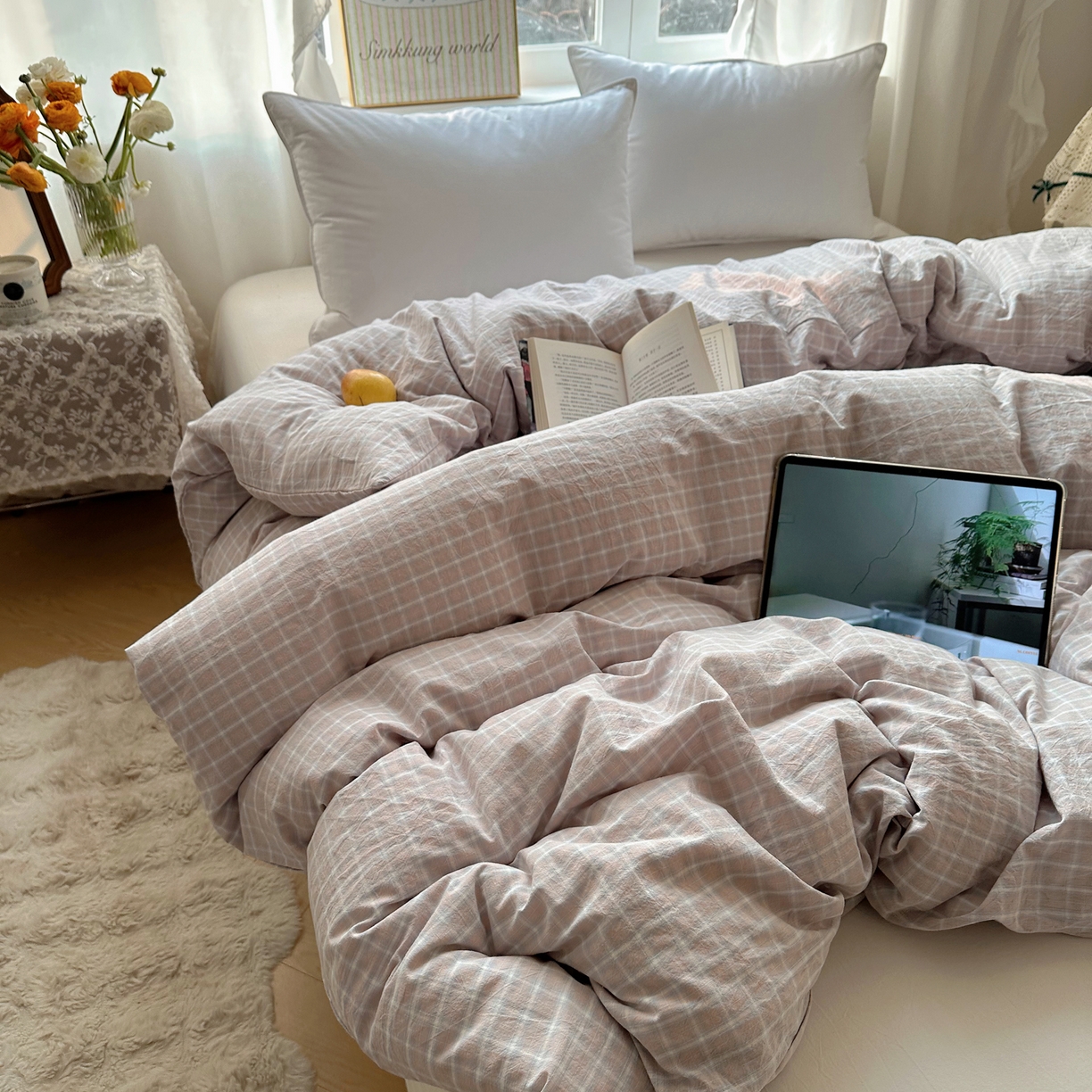 91家纺网 家纺一手货源 找家纺 六巷胡同 2026新款A类全棉纯棉水洗棉色织格子单品被套 被套单件 知序-灰格