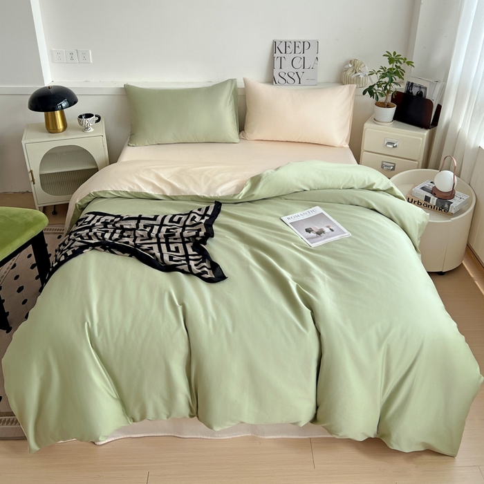 91家纺网 家纺一手货源 找家纺 耀悦家纺 2026春夏新款60支纯棉四件套长绒棉全棉纯棉四件套床单被套枕套 抹茶绿+灵动白桃