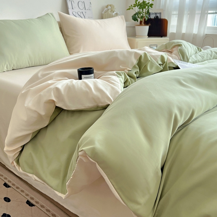 91家纺网 家纺一手货源 找家纺 耀悦家纺 2026春夏新款60支纯棉四件套长绒棉全棉纯棉四件套床单被套枕套 抹茶绿+灵动白桃