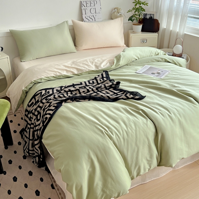 91家纺网 家纺一手货源 找家纺 耀悦家纺 2026春夏新款60支纯棉四件套长绒棉全棉纯棉四件套床单被套枕套 抹茶绿+灵动白桃