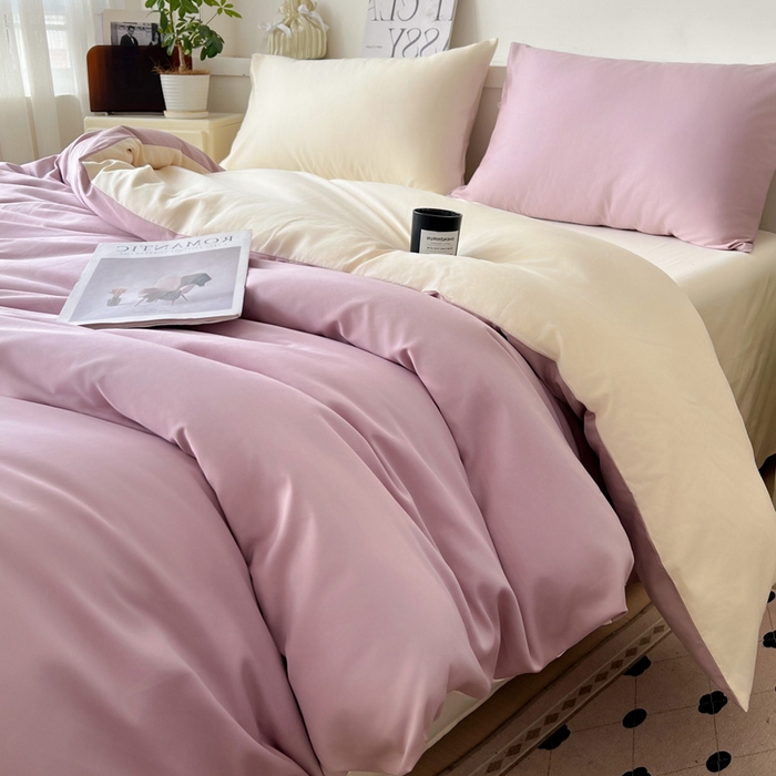 91家纺网 家纺一手货源 找家纺 耀悦家纺 2026春夏新款60支纯棉四件套长绒棉全棉纯棉四件套床单被套枕套 优雅紫+暖阳黄