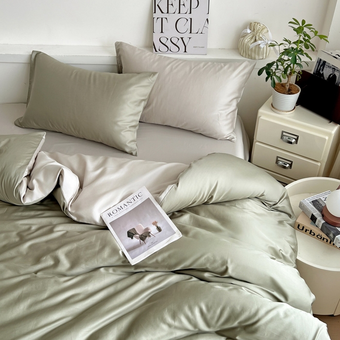 91家纺网 家纺一手货源 找家纺 耀悦家纺 2026春夏新款60支纯棉四件套长绒棉全棉纯棉四件套床单被套枕套 沙茶绿+古典灰